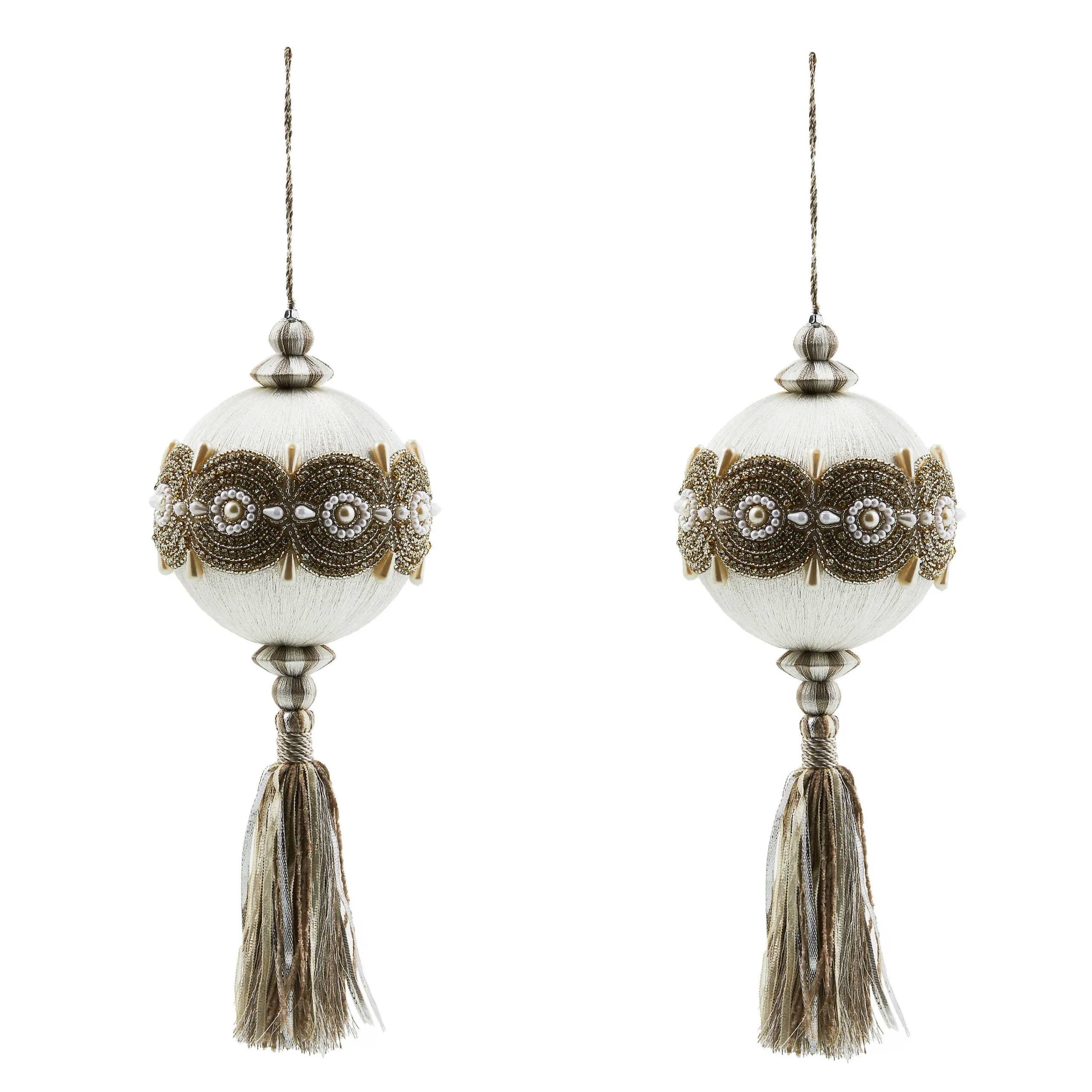 MacKenzie-Childs Crystal Palace Pearl 5 Ball Tassels, Set of 2| Decor Sets|Room Accents