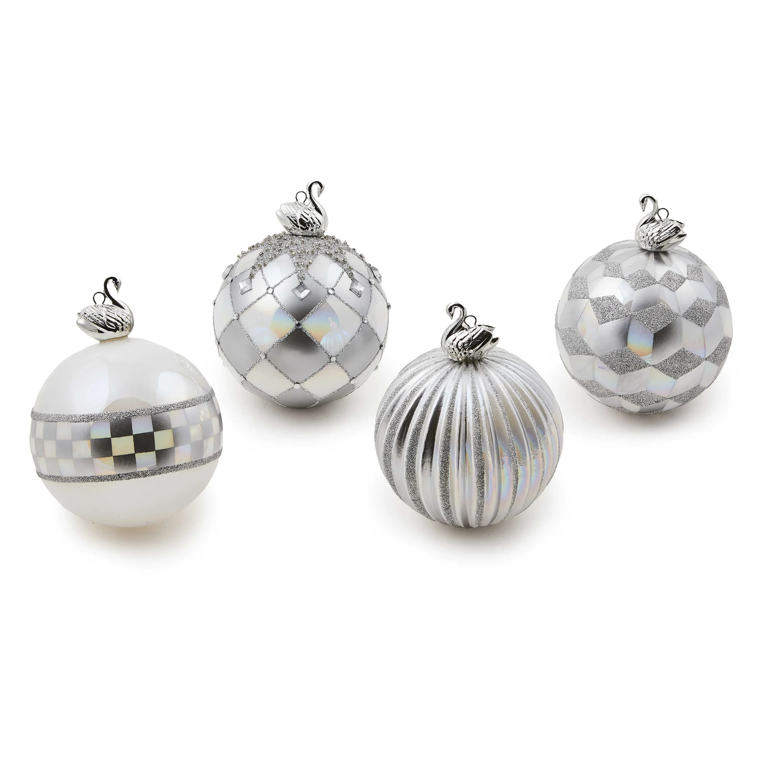 MacKenzie-Childs Crystal Palace Swan Glass Ball Ornaments, Set of 4| Holiday