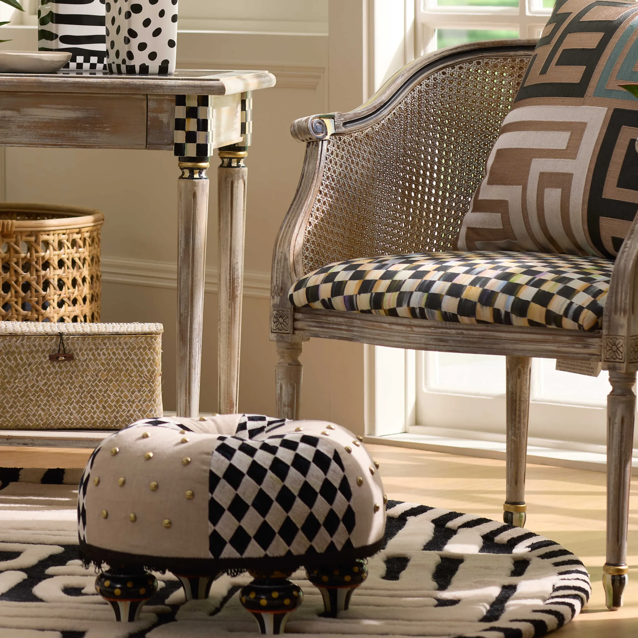 MacKenzie-Childs Diamond and Dot Footstool| Living Room