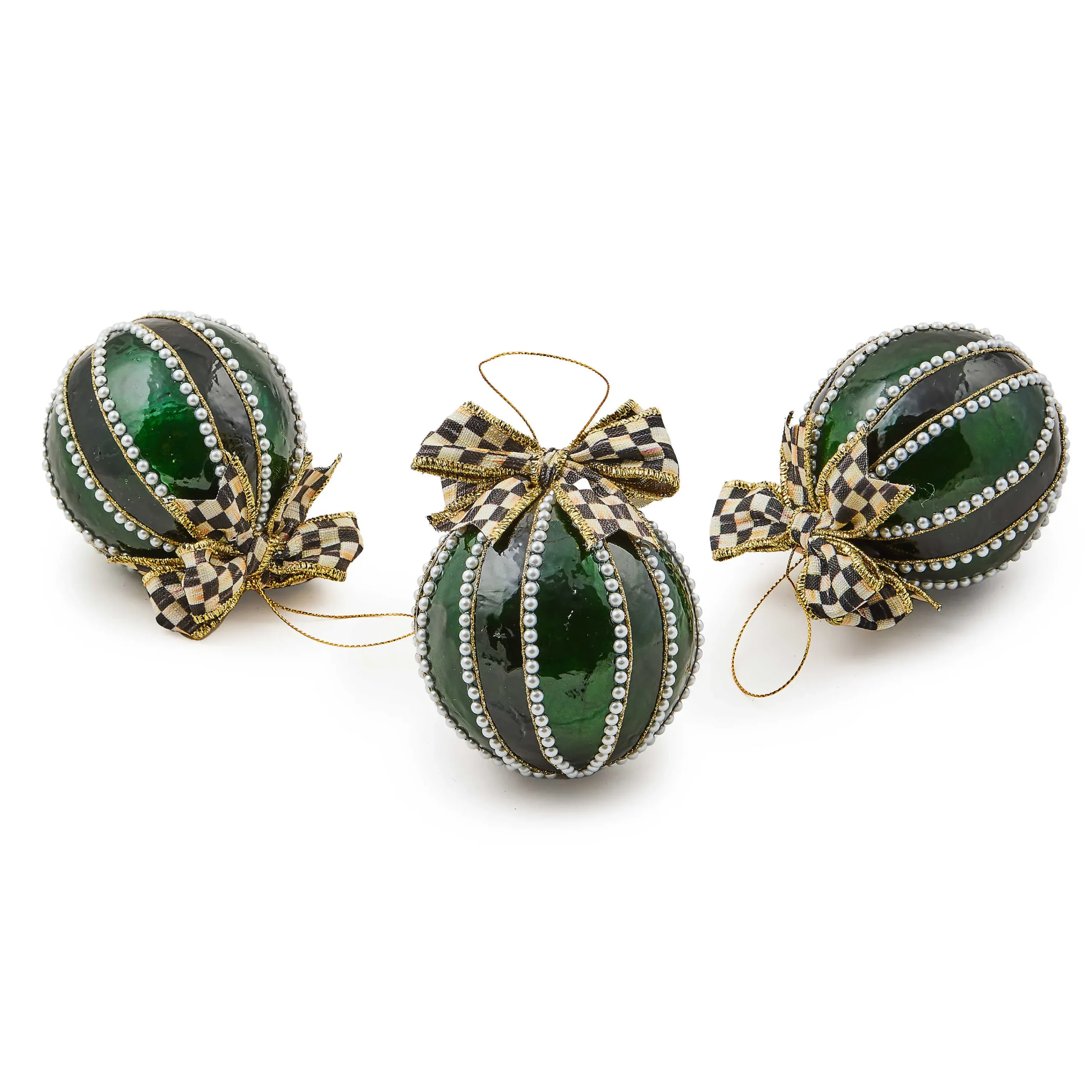 MacKenzie-Childs Emerald Luxe Capiz Pearl Ball Ornaments, Set of 3| Holiday