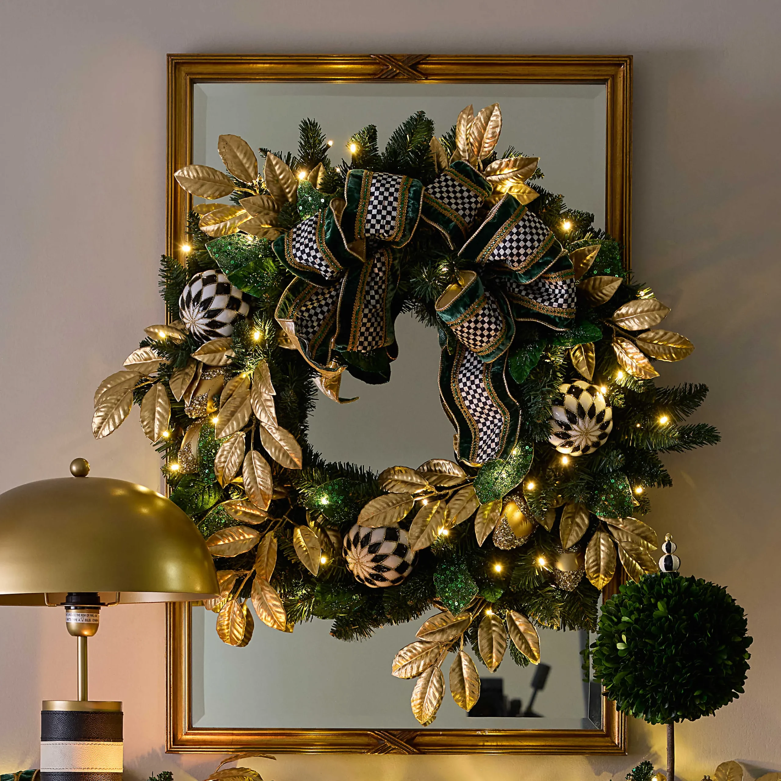 MacKenzie-Childs Emerald Luxe Illuminated 30 Wreath| Greenery & Florals|Outdoor