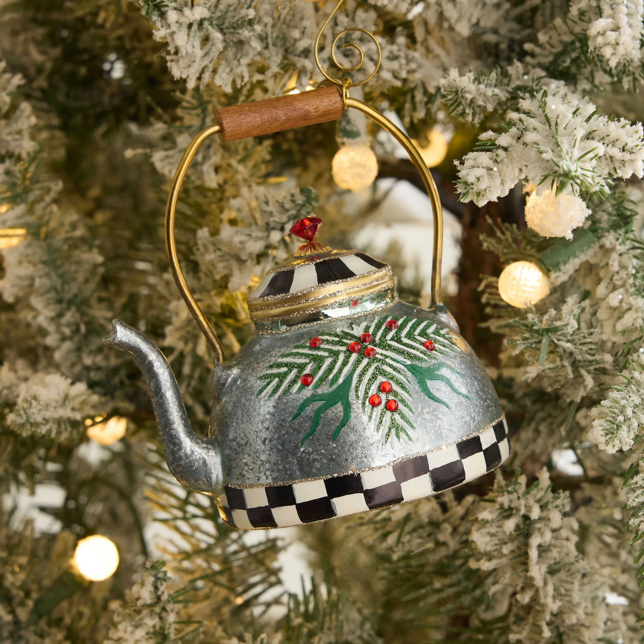MacKenzie-Childs Farmhouse Holiday Tea Kettle Glass Ornament| Holiday