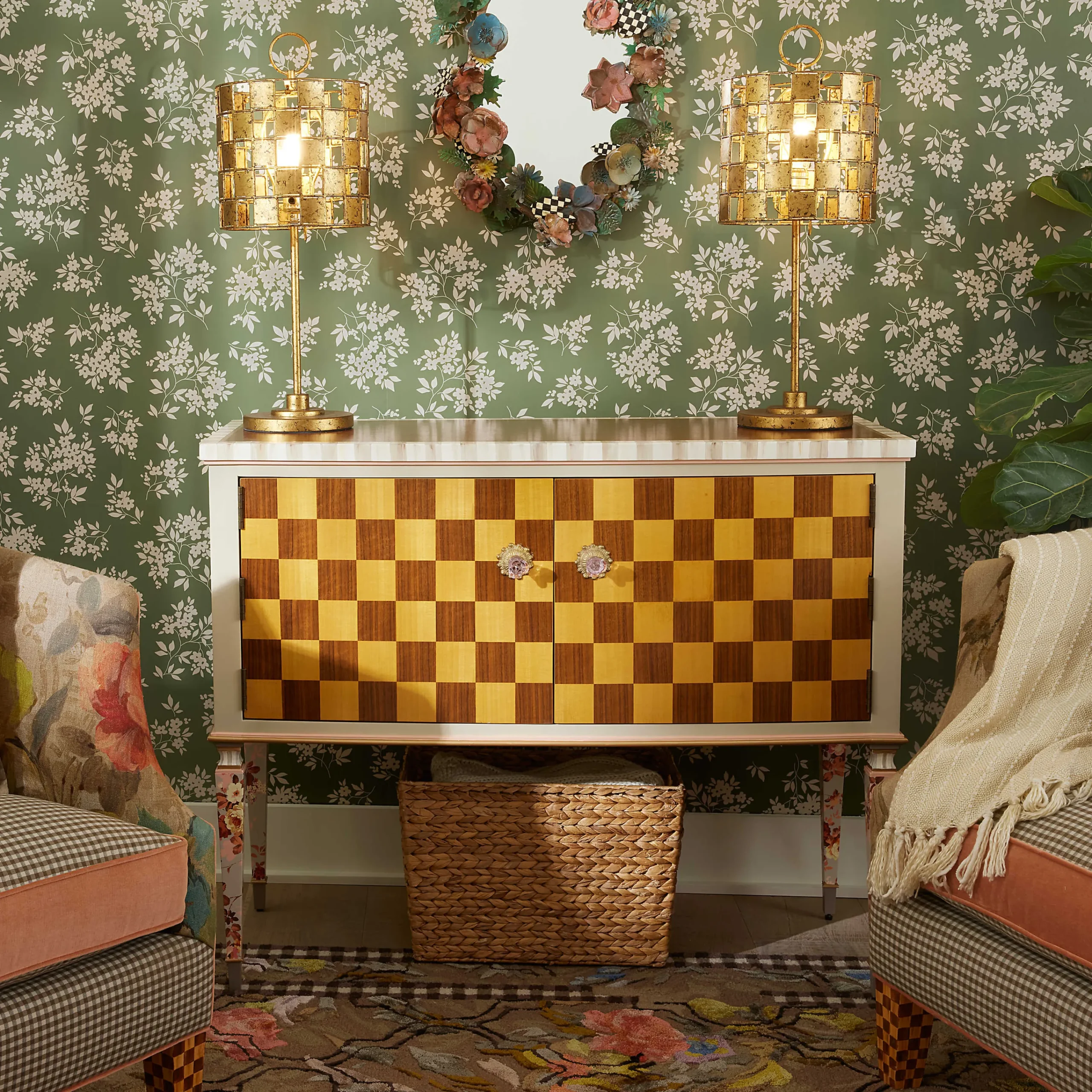MacKenzie-Childs Field Study Check Console Table| Storage Furniture|Entryway Furniture