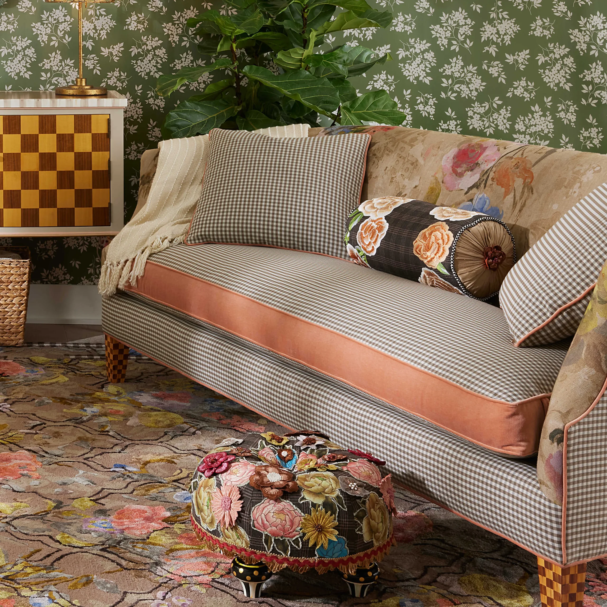 MacKenzie-Childs Field Study Floral Gingham Sofa| Living Room