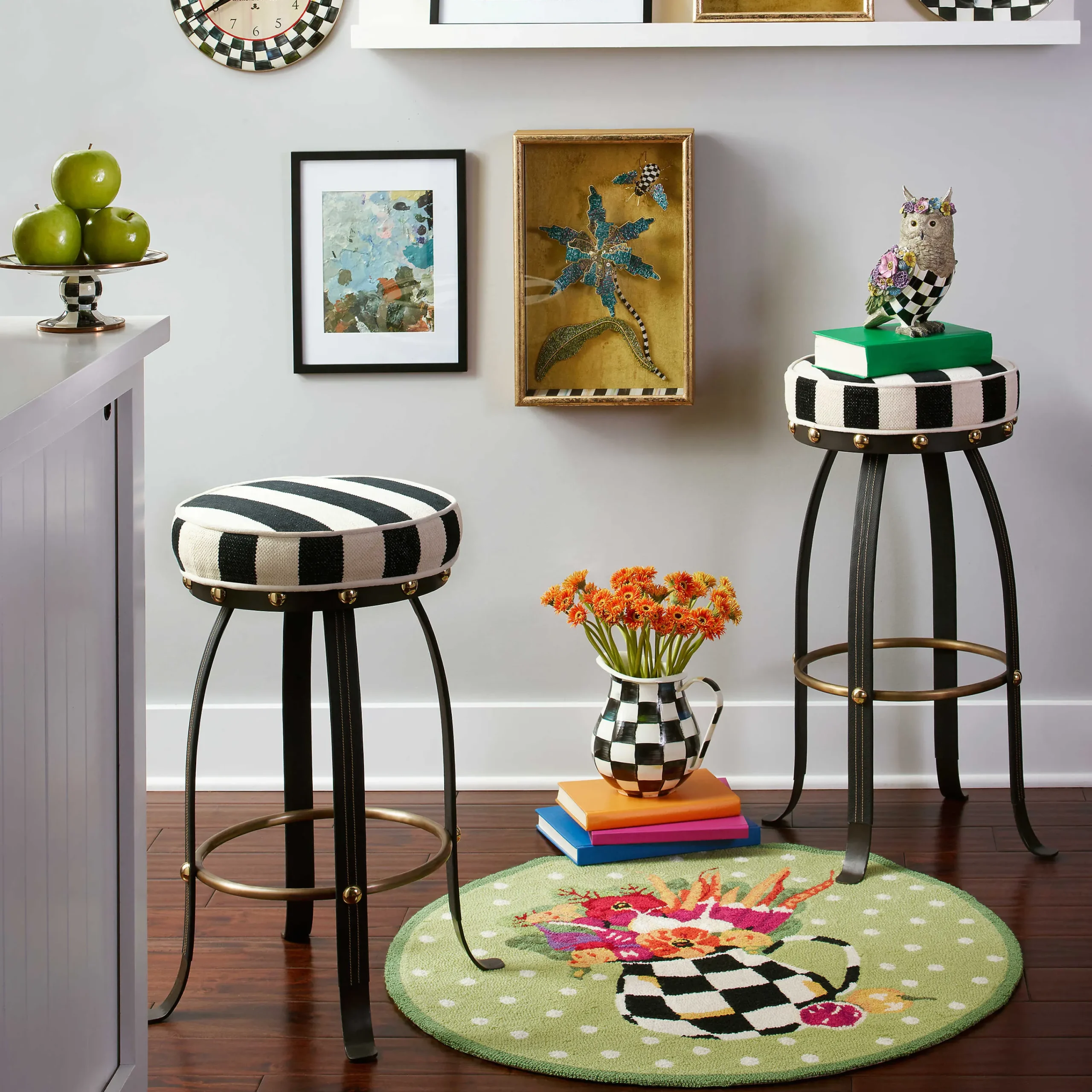 MacKenzie-Childs Flatiron Black Stripe Counter Stool| Dining Room & Kitchen