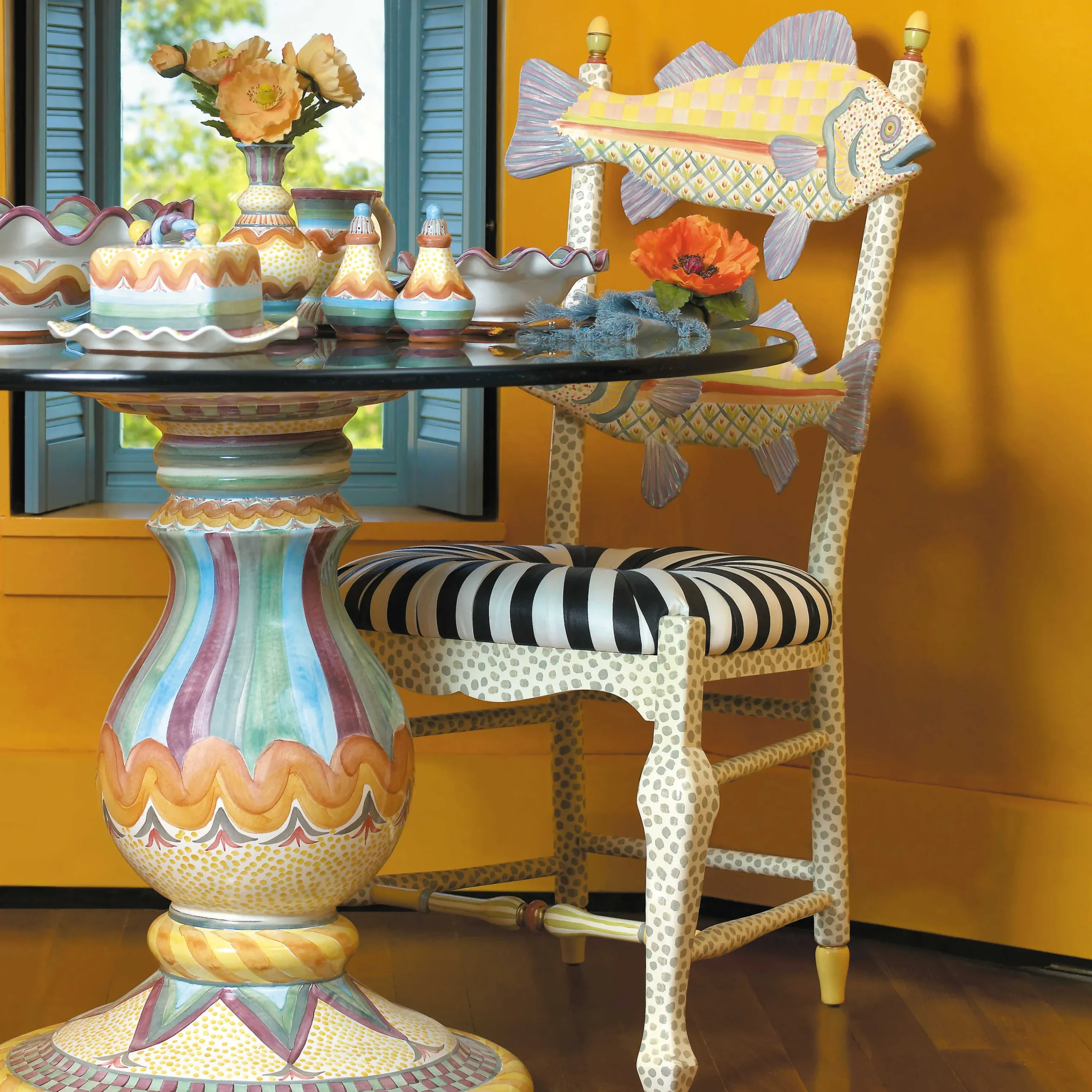 MacKenzie-Childs Freckle Fish Chair - Black White Seat| Dining Room & Kitchen