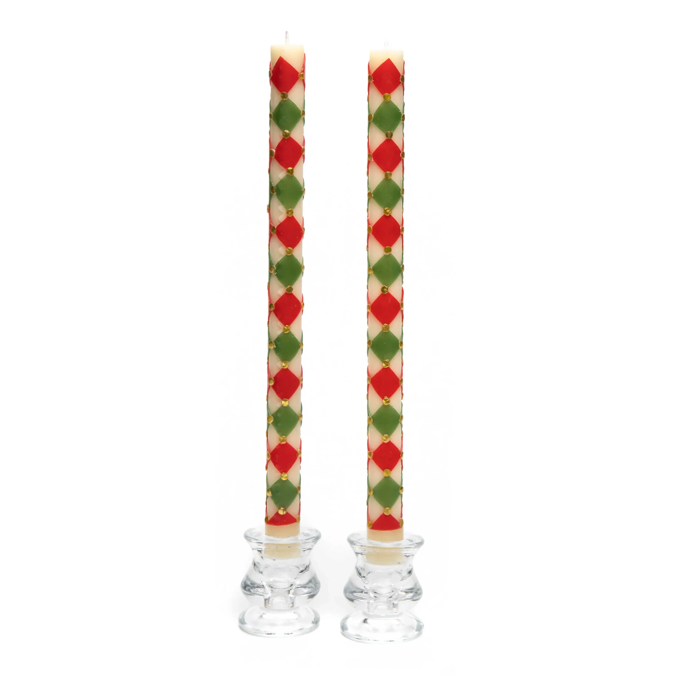 MacKenzie-Childs Harlequin Dot Dinner Candles - Red, Green, Gold - Set of 2| Holiday|Candles & Fragrances