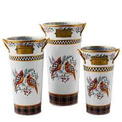 MacKenzie-Childs Holiday Cardinal Metal Flower Buckets, Set of 3| Holiday|Decor Sets