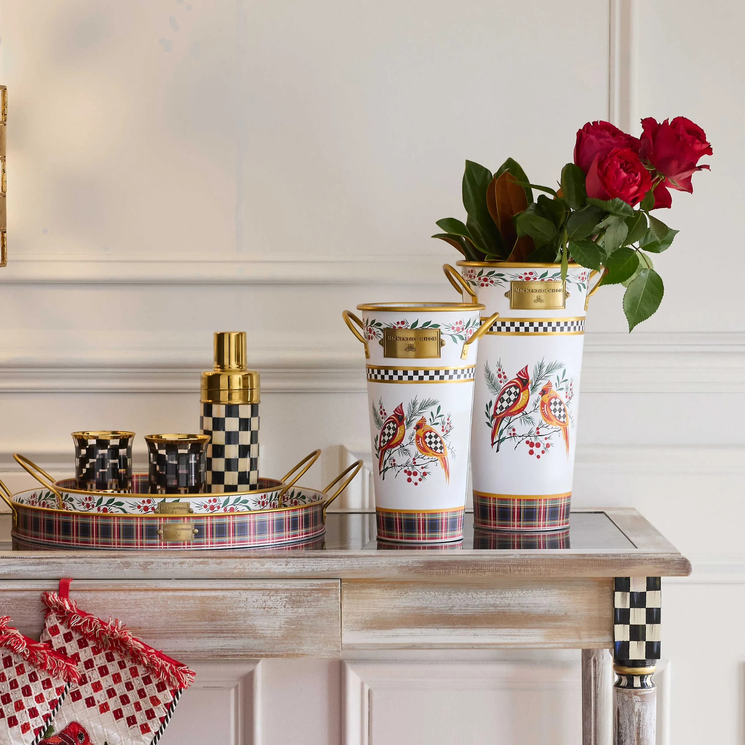 MacKenzie-Childs Holiday Cardinal Metal Flower Buckets, Set of 3| Holiday|Decor Sets