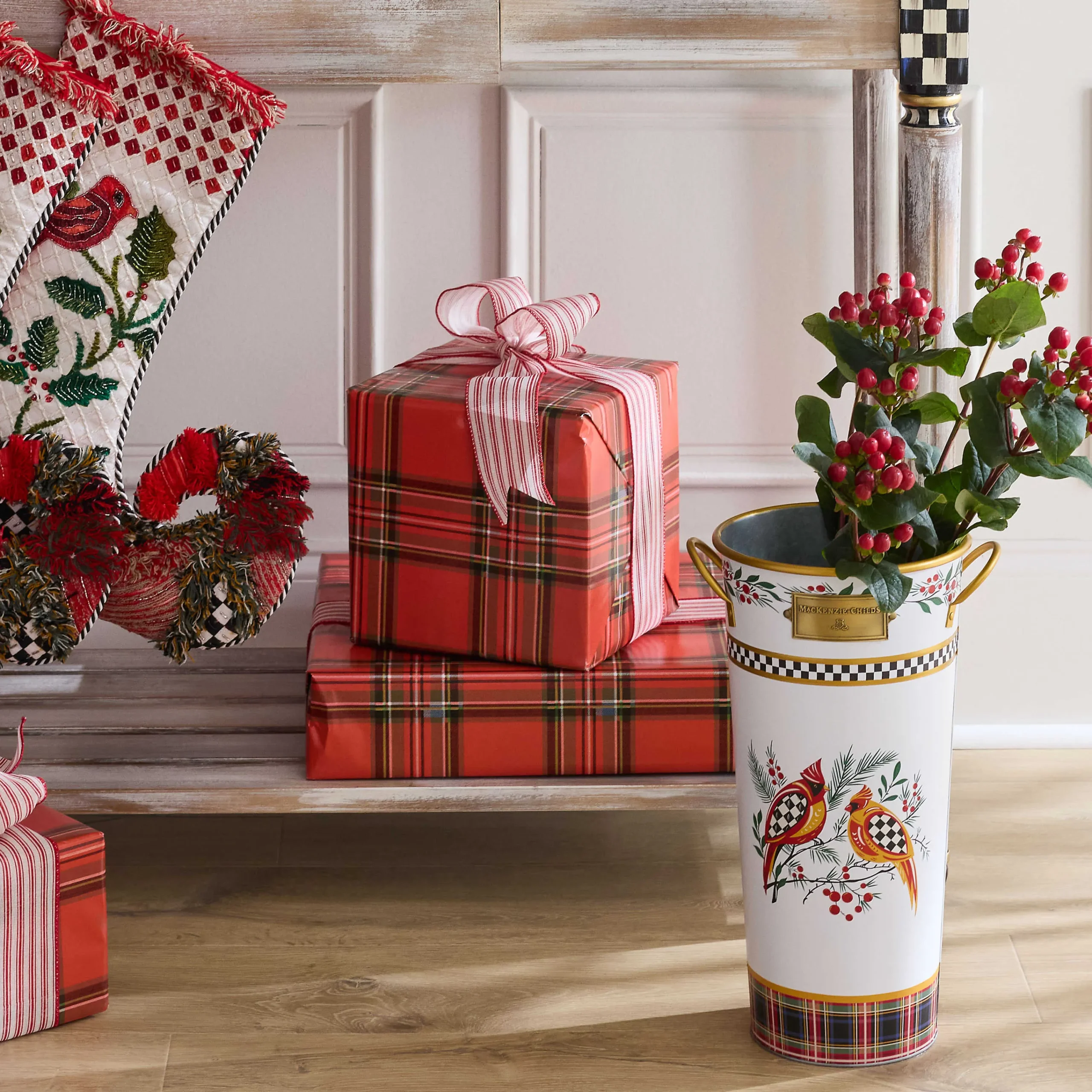 MacKenzie-Childs Holiday Cardinal Metal Flower Buckets, Set of 3| Holiday|Decor Sets