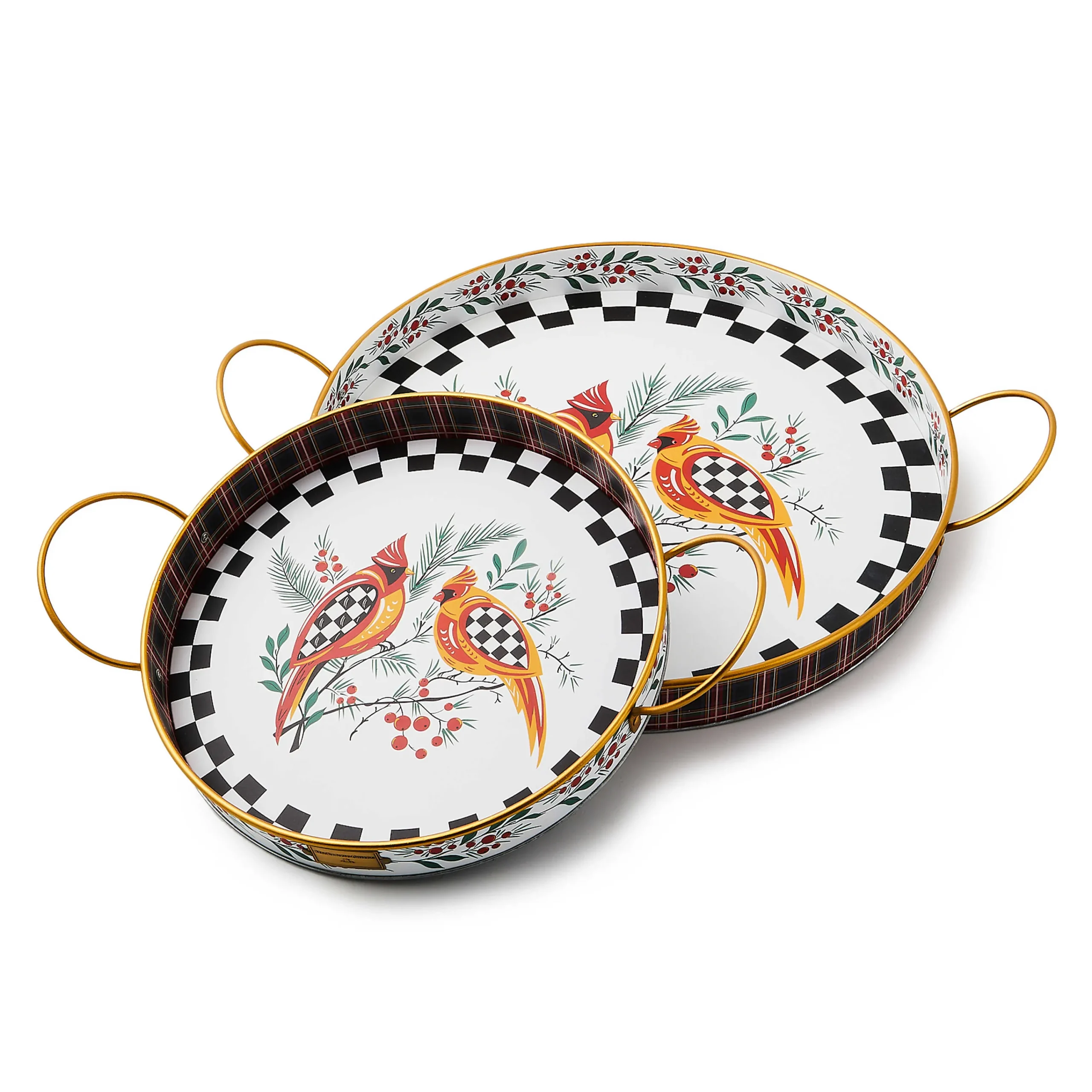 MacKenzie-Childs Holiday Cardinal Round Metal Serving Trays, Set of 2| Holiday|Serveware