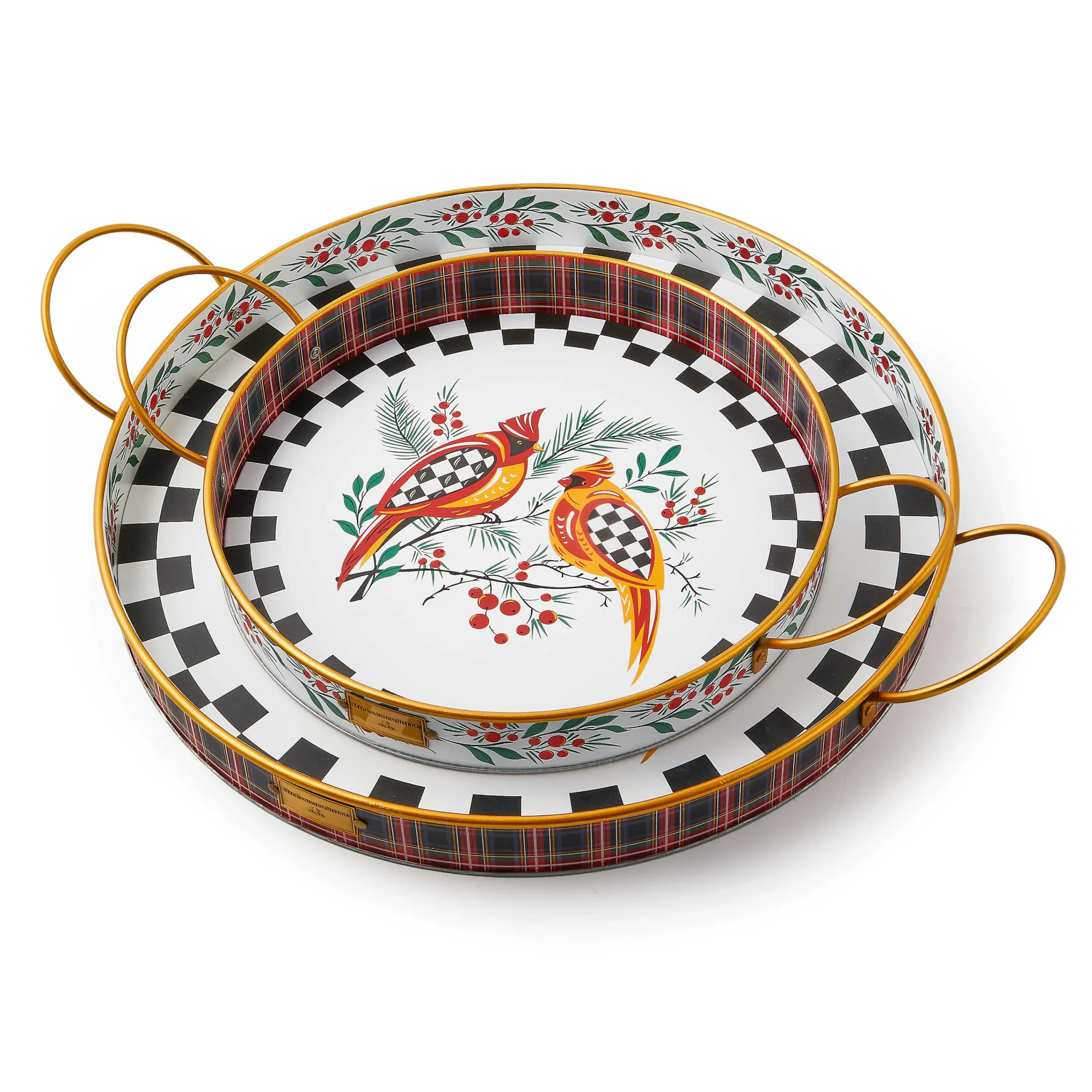 MacKenzie-Childs Holiday Cardinal Round Metal Serving Trays, Set of 2| Holiday|Serveware