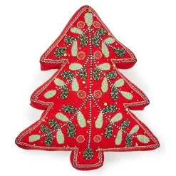 MacKenzie-Childs Holiday Red Tree Shaped Embroidered Throw Pillow| Pillows, Throws, & Cushions