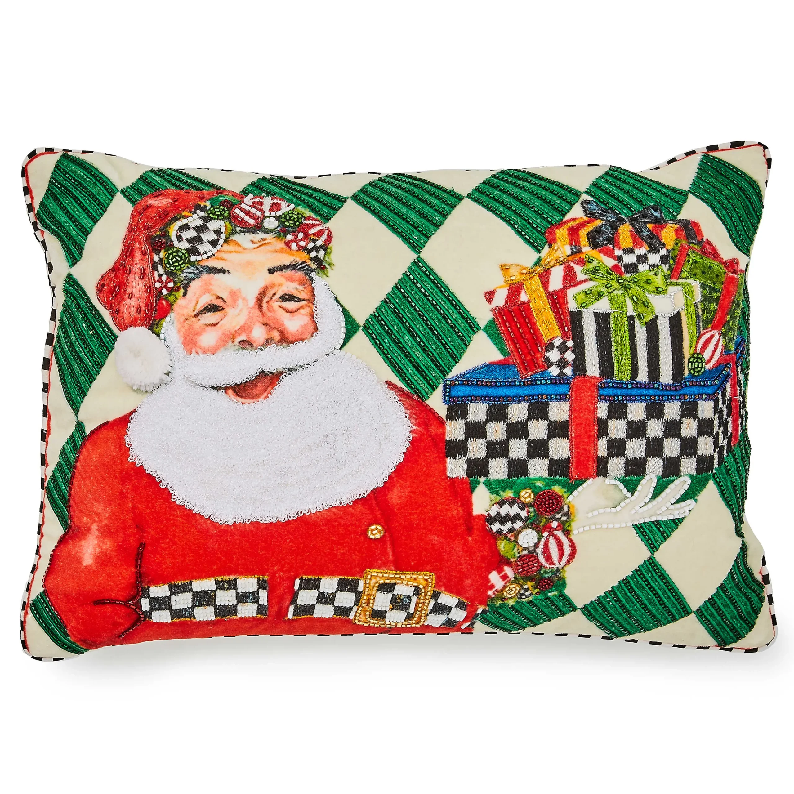 MacKenzie-Childs Jolly Holiday Santa with Packages Beaded Lumbar Pillow| Pillows, Throws, & Cushions