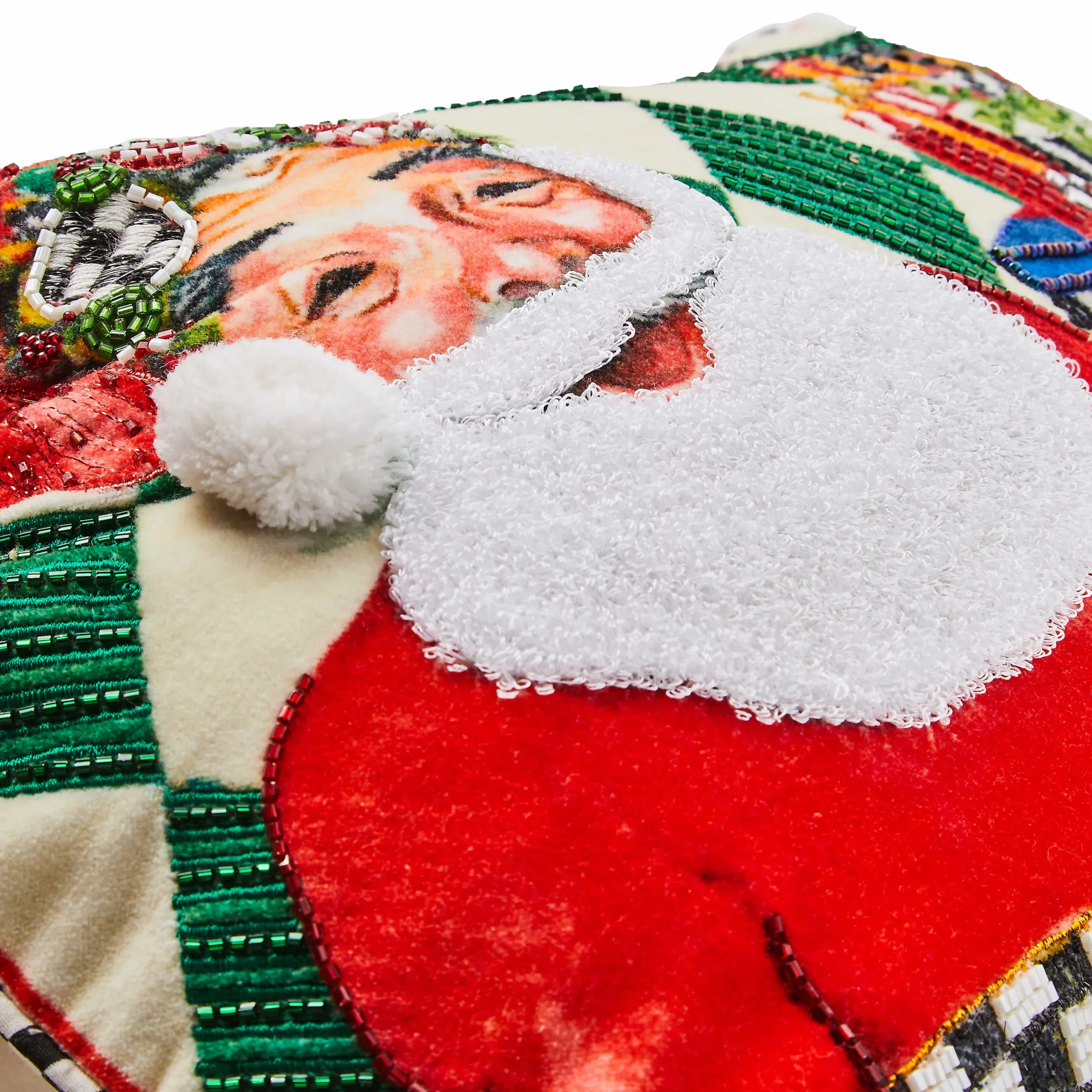 MacKenzie-Childs Jolly Holiday Santa with Packages Beaded Lumbar Pillow| Pillows, Throws, & Cushions