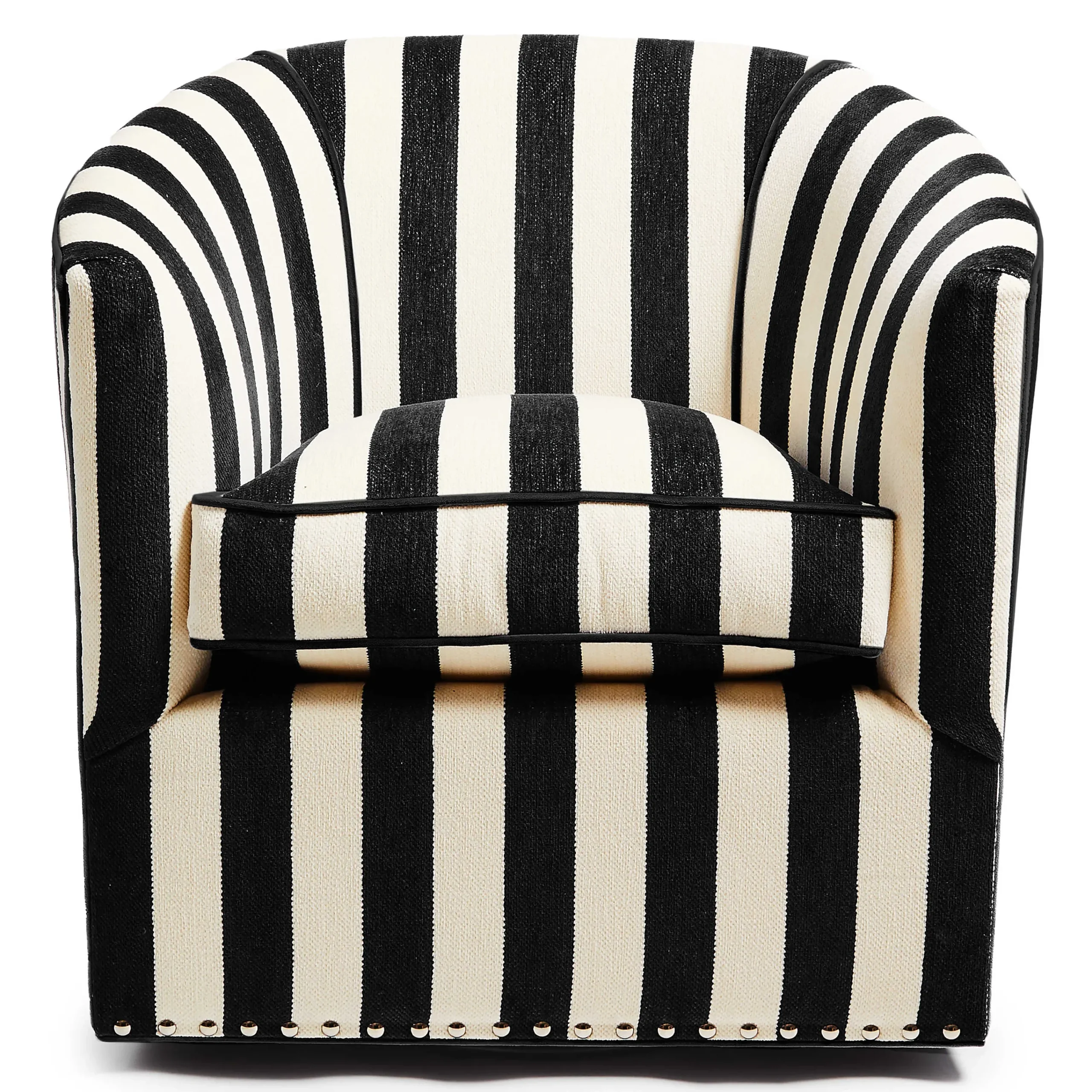 MacKenzie-Childs Marquee Black Stripe Chenille Swivel Chair| Living Room
