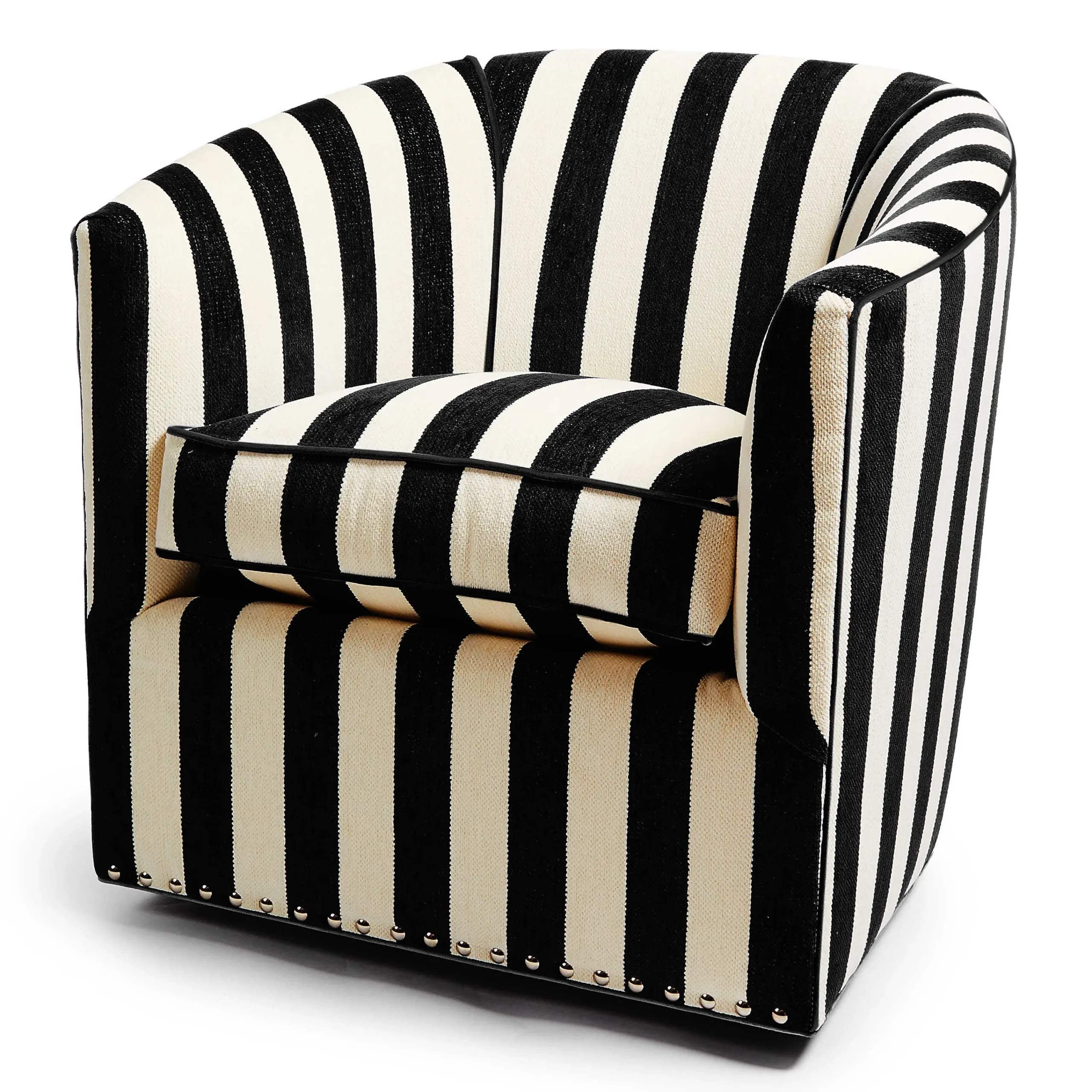 MacKenzie-Childs Marquee Black Stripe Chenille Swivel Chair| Living Room