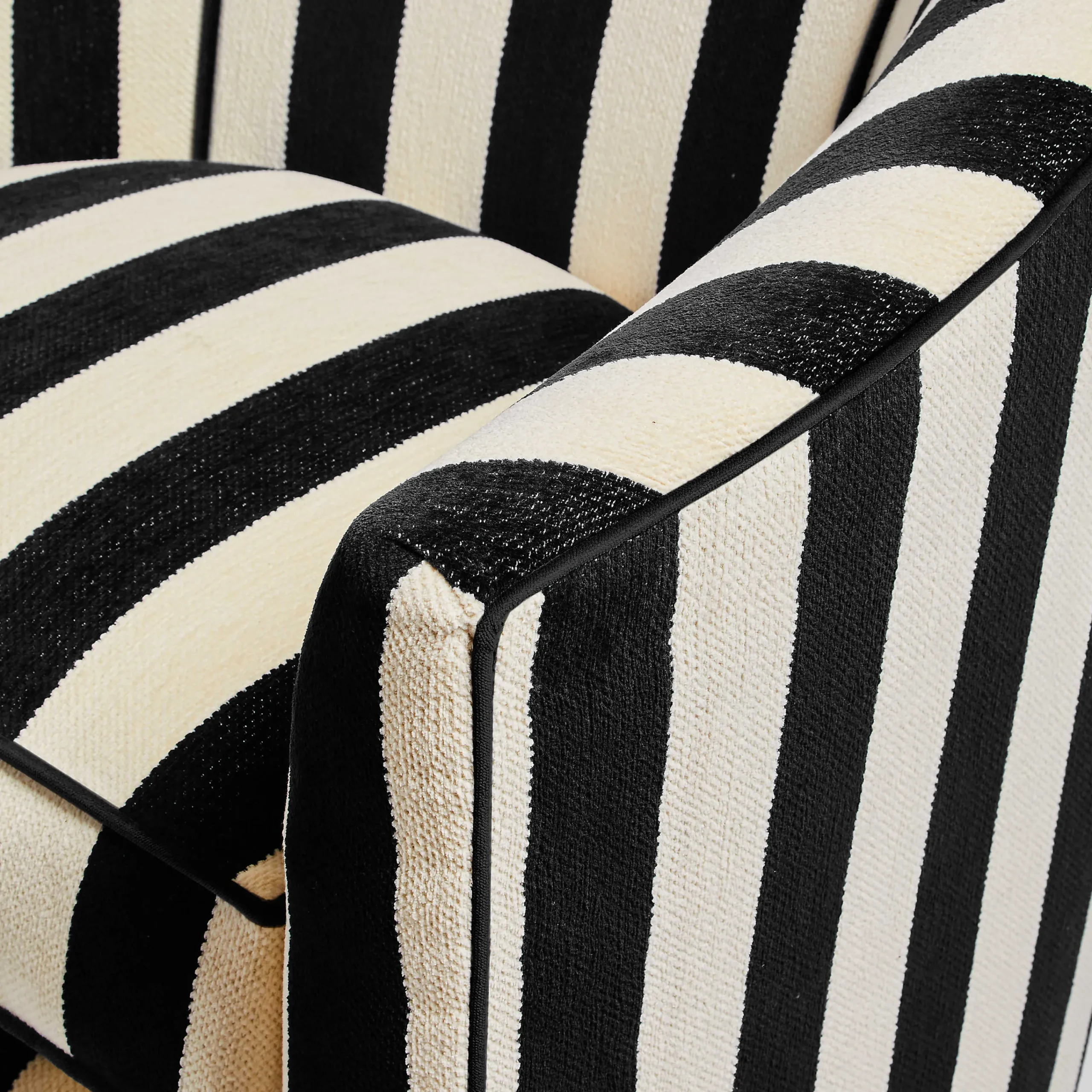 MacKenzie-Childs Marquee Black Stripe Chenille Swivel Chair| Living Room