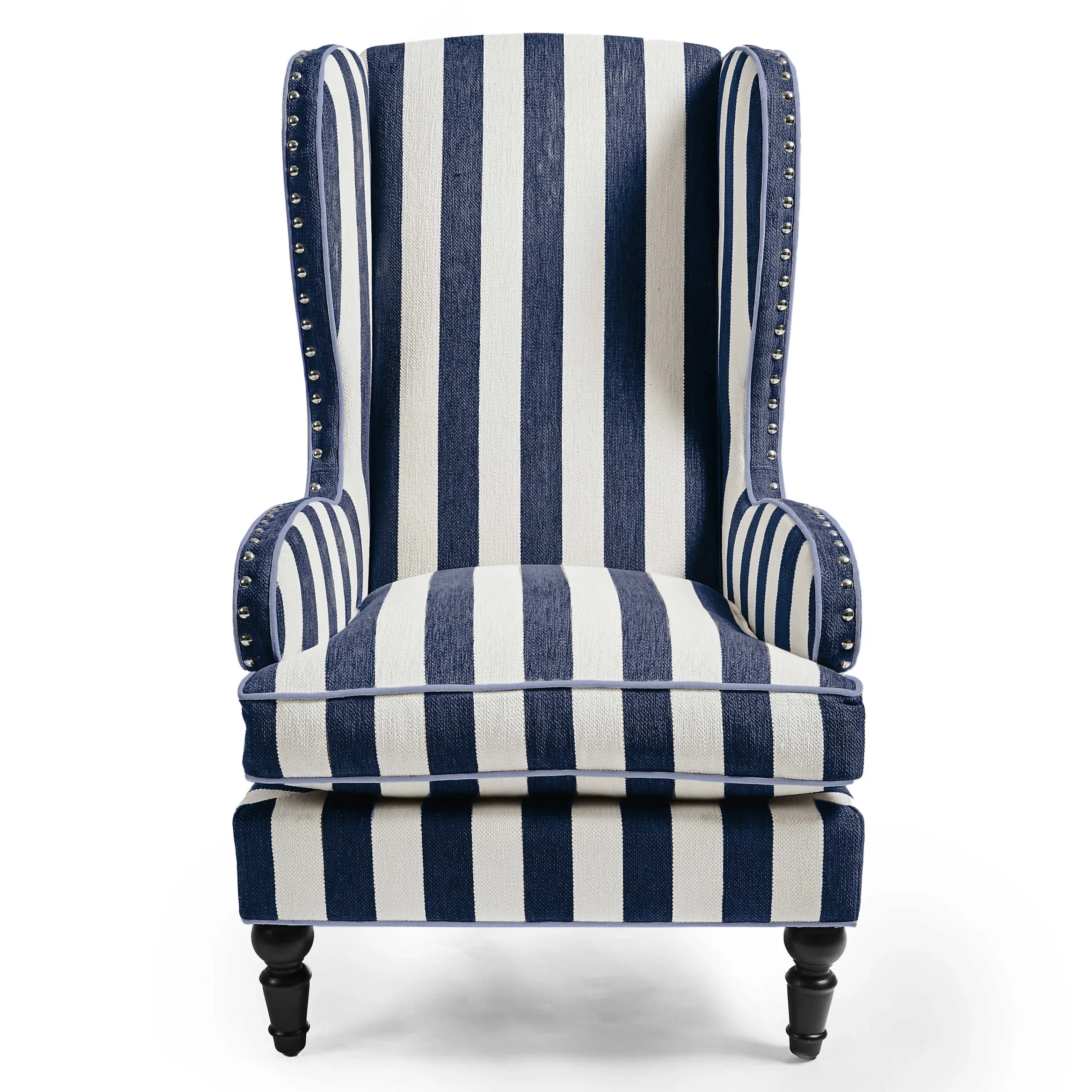 MacKenzie-Childs Marquee Navy Stripe Chenille Wing Chair| Living Room