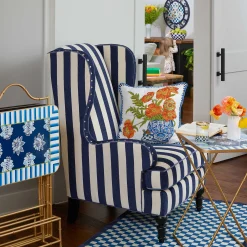 MacKenzie-Childs Marquee Navy Stripe Chenille Wing Chair| Living Room