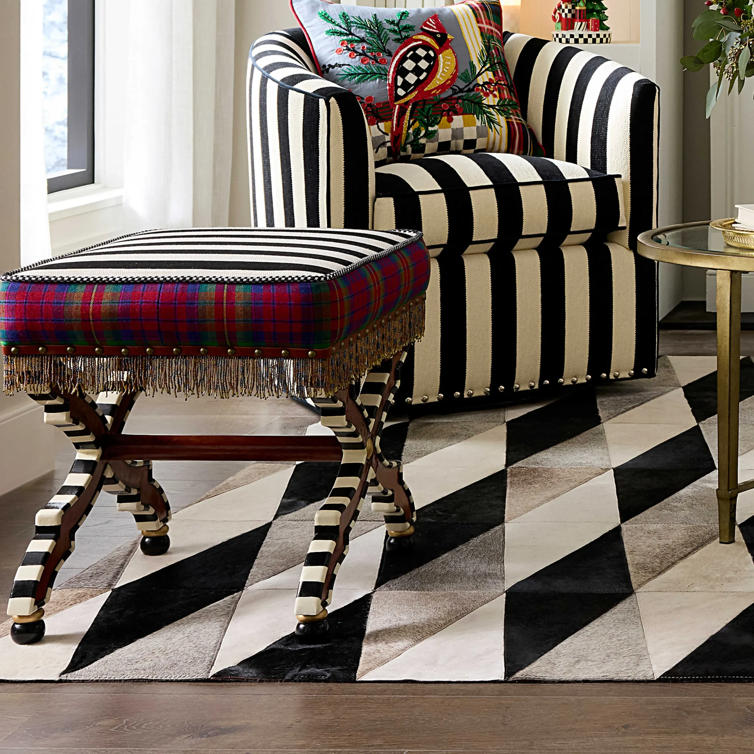 MacKenzie-Childs On Wall Street Stripe Cushioned Accent Stool| Bedroom|Living Room