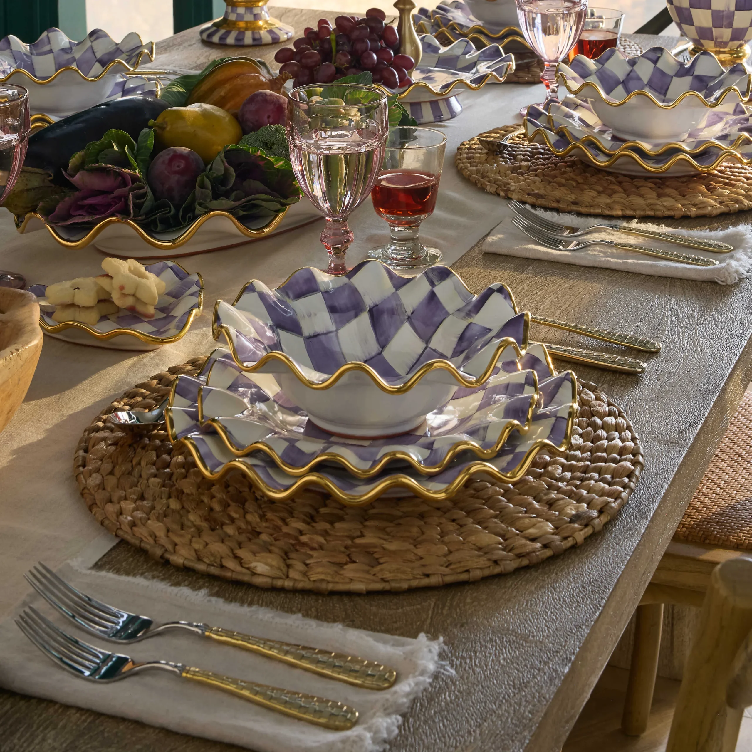 MacKenzie-Childs Plum Check Ceramic Fluted Breakfast Bowl| Dinnerware & Flatware