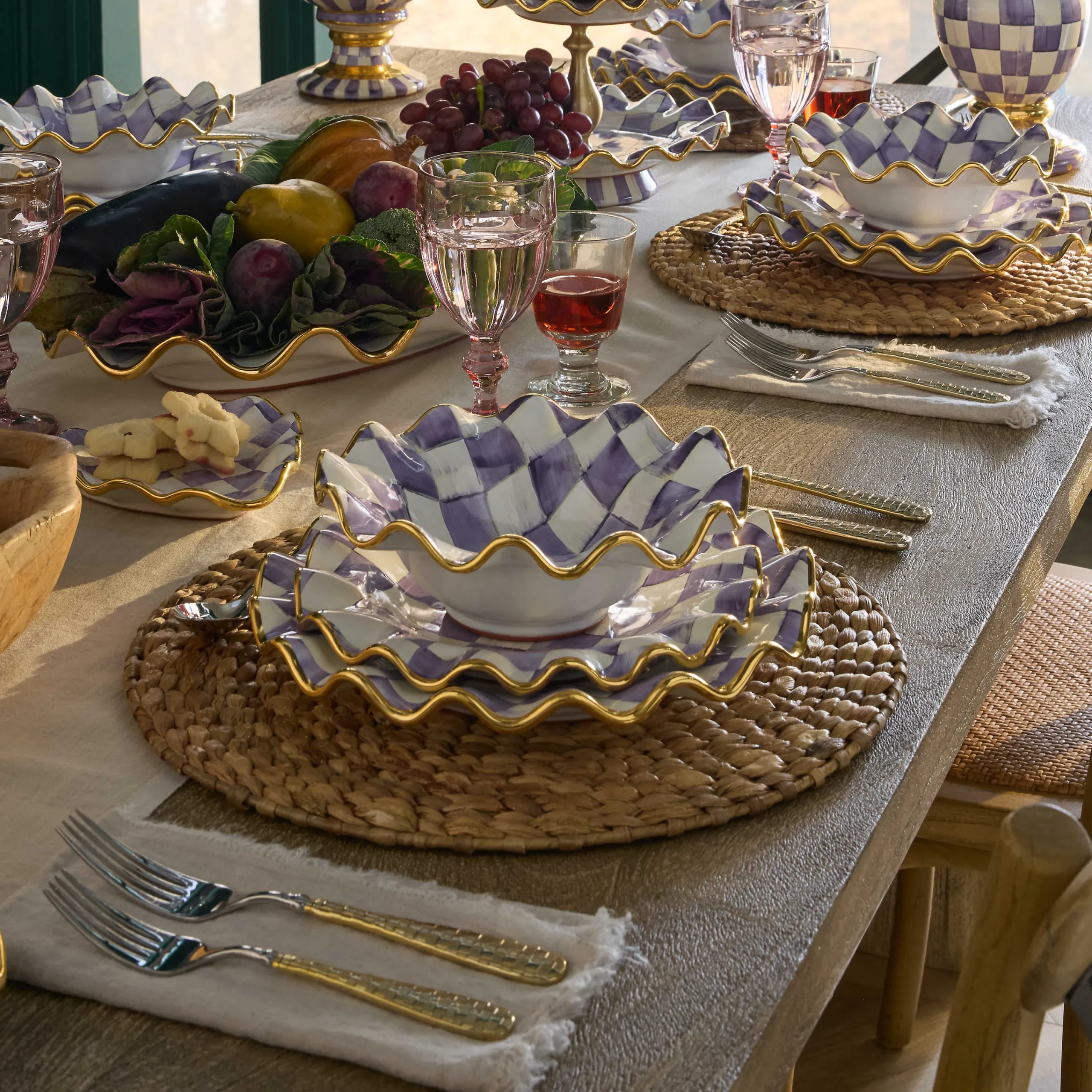 MacKenzie-Childs Plum Check Ceramic Fluted Dinner Plate| Fall Entertaining|Dinnerware & Flatware