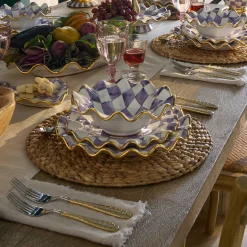 MacKenzie-Childs Plum Check Ceramic Fluted Dessert Plate| Fall Entertaining|Dinnerware & Flatware