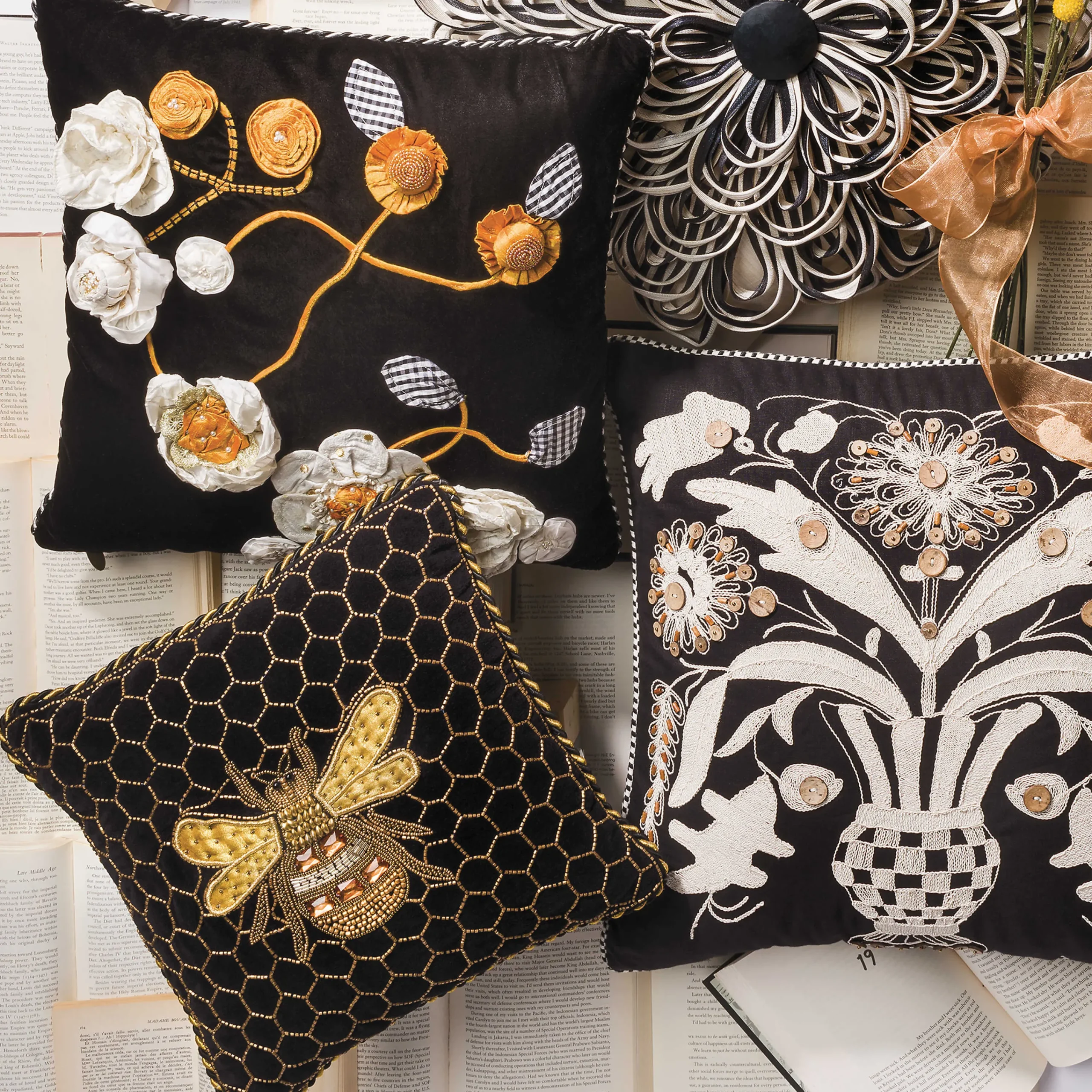 MacKenzie-Childs Queen Bee Black Throw Pillow| Pillows, Throws, & Cushions