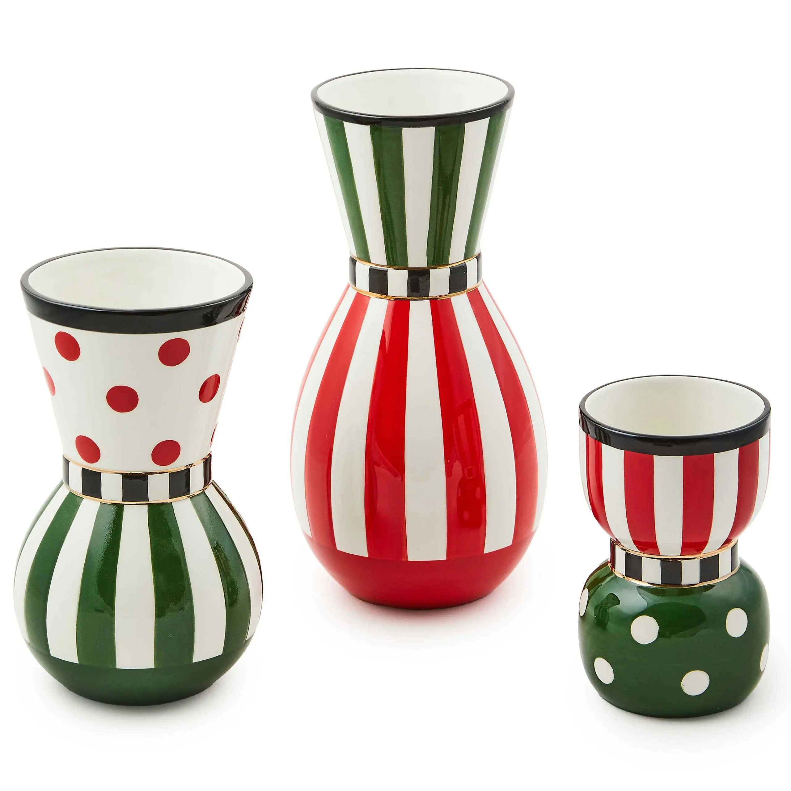 MacKenzie-Childs Red Green Ceramic Vases, Set of 3| Holiday|Greenery & Florals