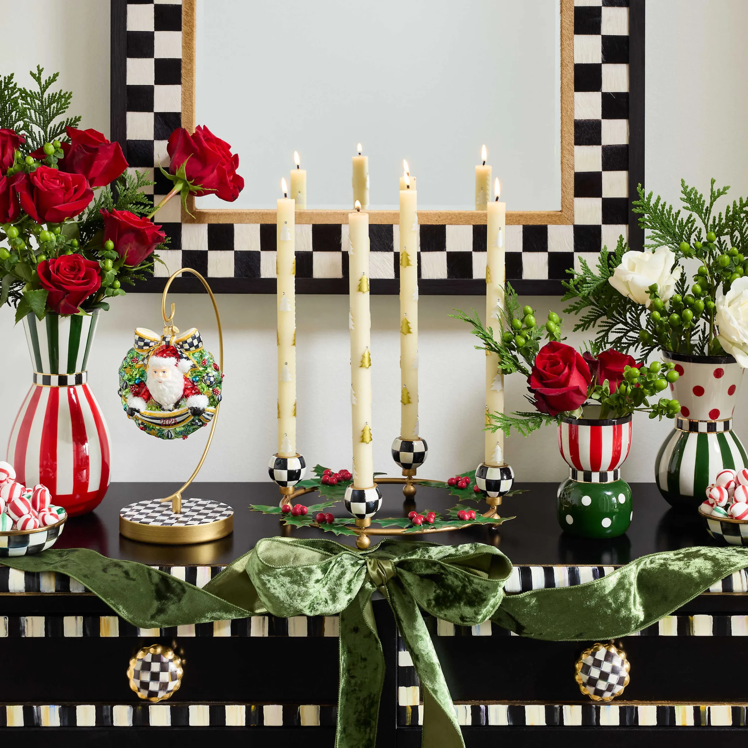MacKenzie-Childs Red Green Ceramic Vases, Set of 3| Holiday|Greenery & Florals