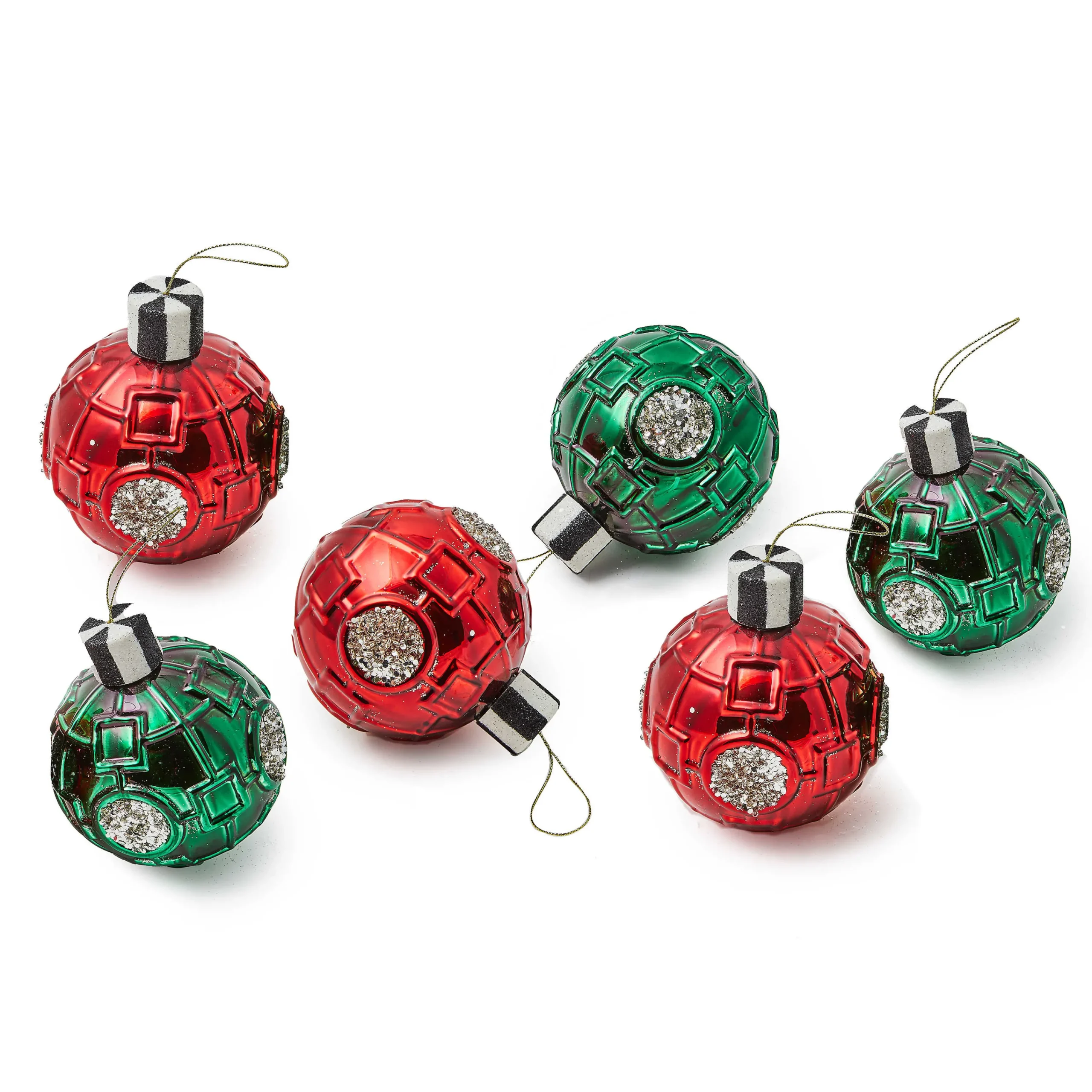 MacKenzie-Childs Red Green Metallic Glass Ball Ornaments, Set of 6| Holiday
