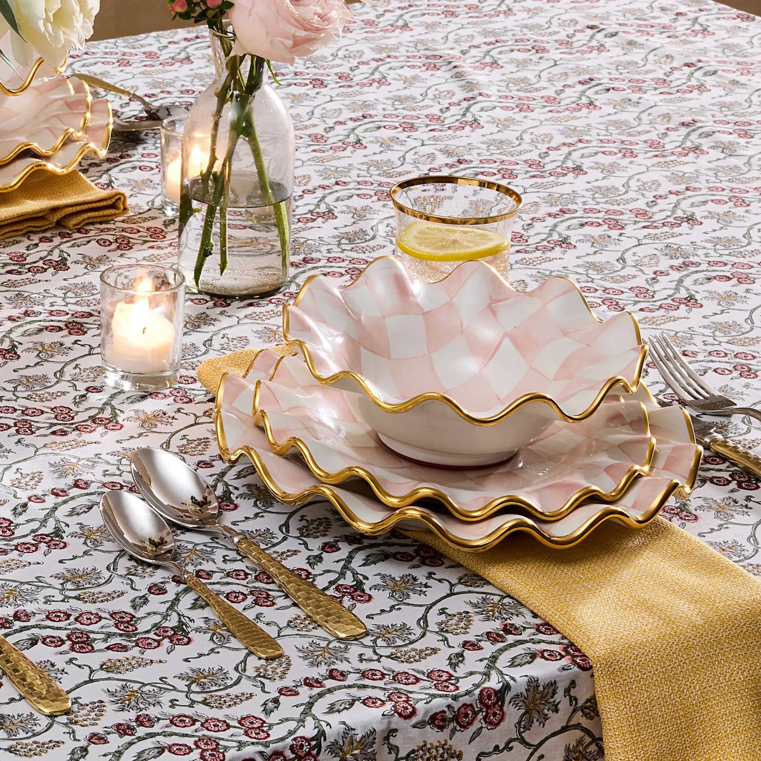MacKenzie-Childs Rosy Check Ceramic Fluted Breakfast Bowl| Dinnerware & Flatware