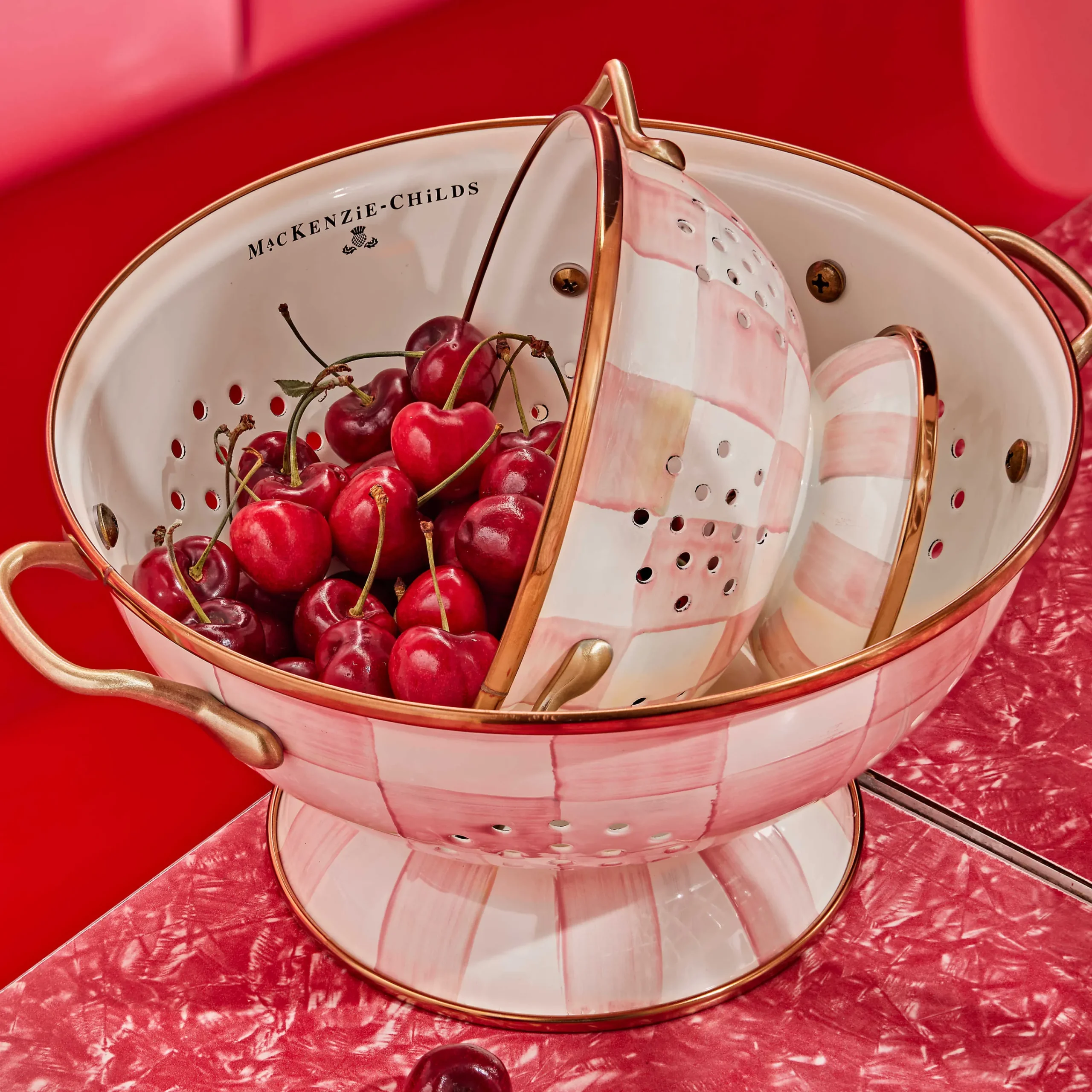 MacKenzie-Childs Rosy Check Small Colander| Spring|Kitchen Utensils & Tools