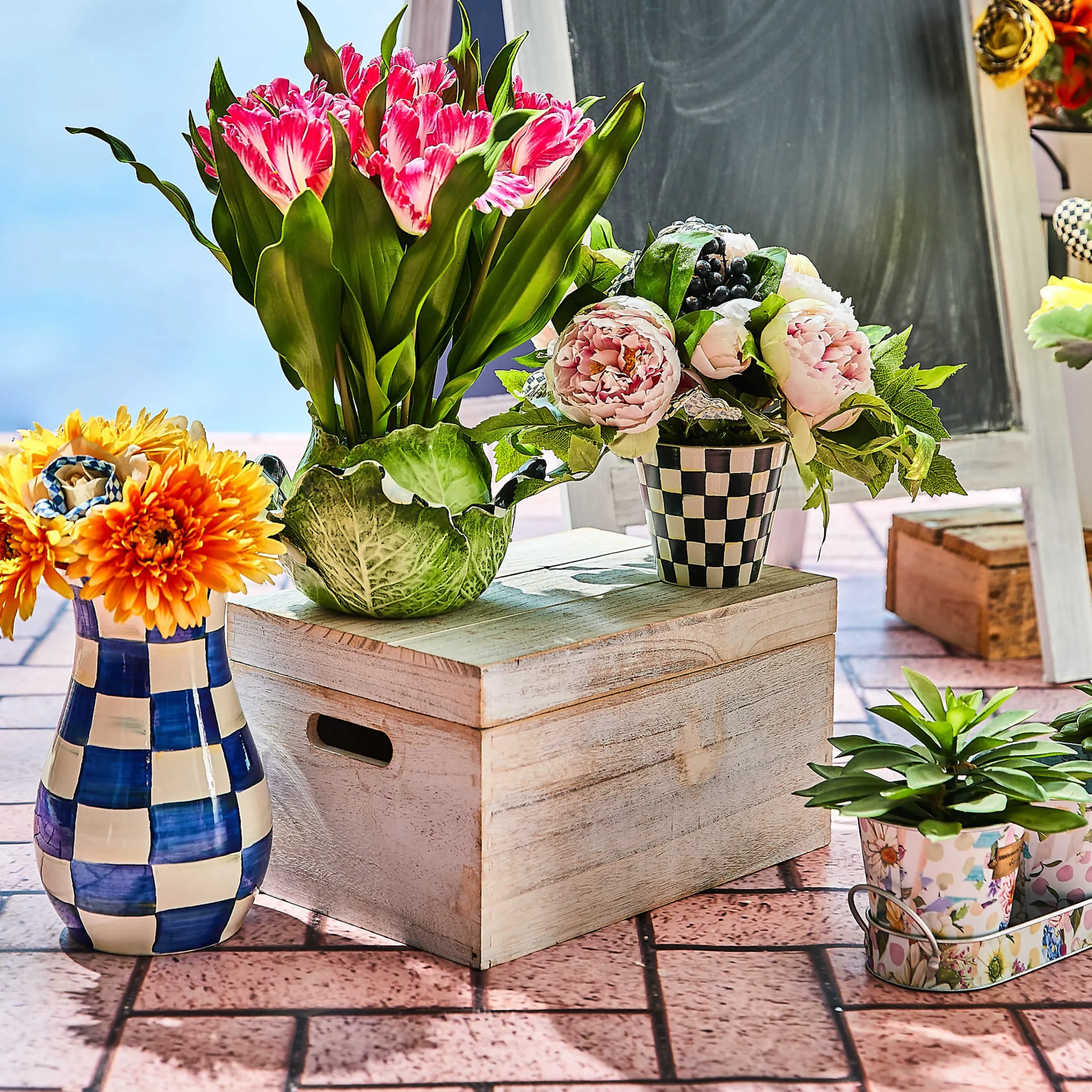 MacKenzie-Childs Royal Check Tall Vase Bouquet Set| Spring|Greenery & Florals