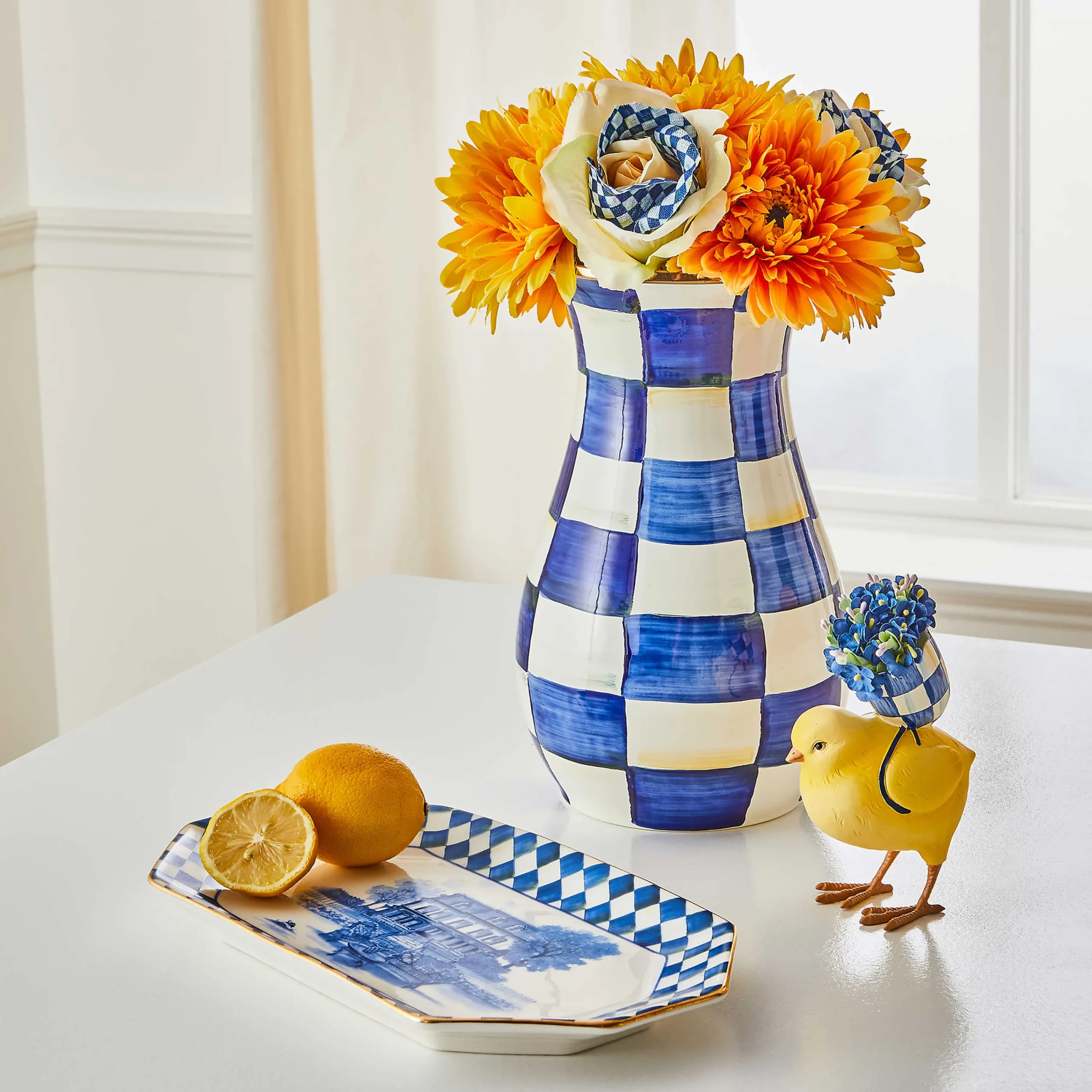 MacKenzie-Childs Royal Check Tall Vase Bouquet Set| Spring|Greenery & Florals