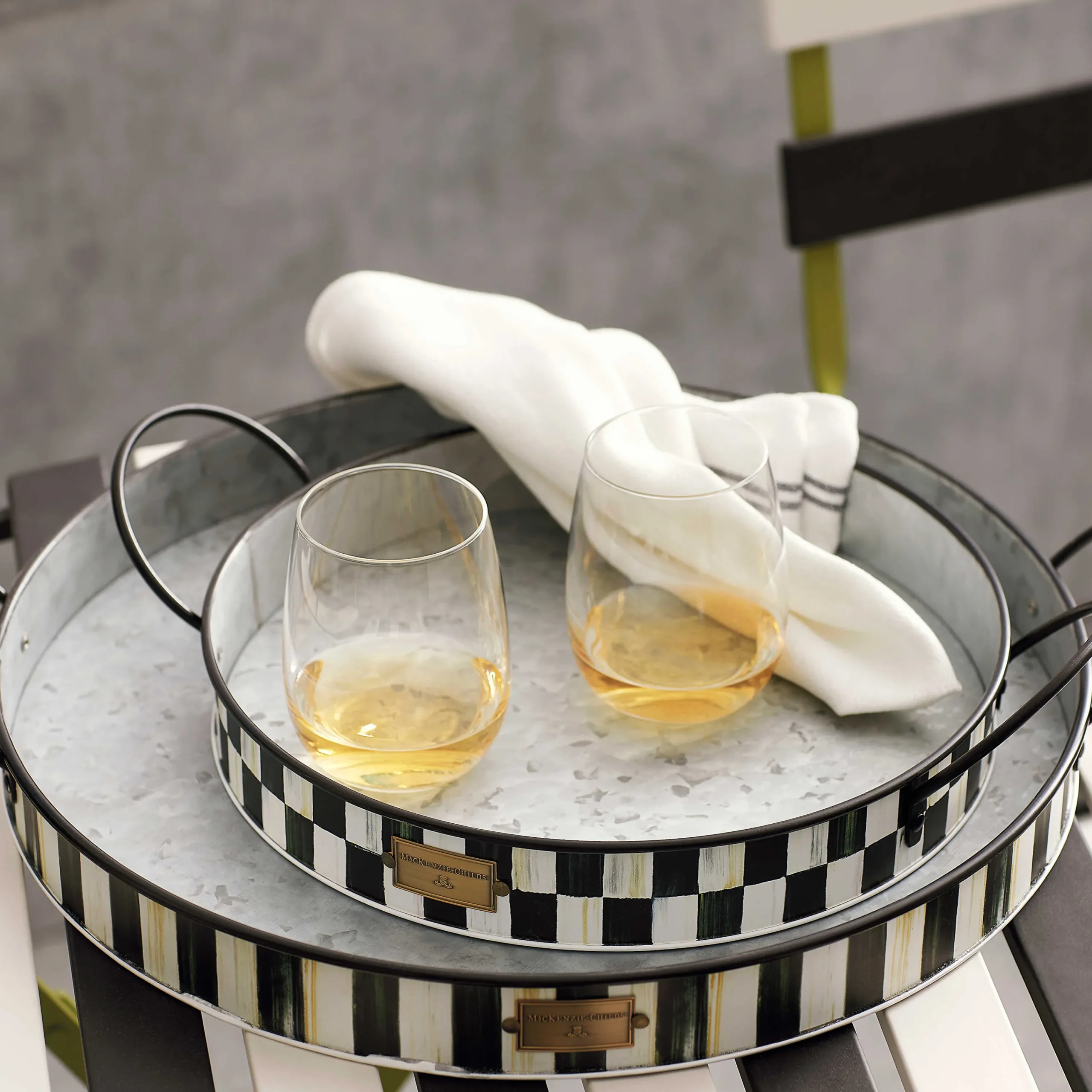 MacKenzie-Childs Spectator Galvanized Serving Trays, Set of 2| Bar Entertaining|Serveware