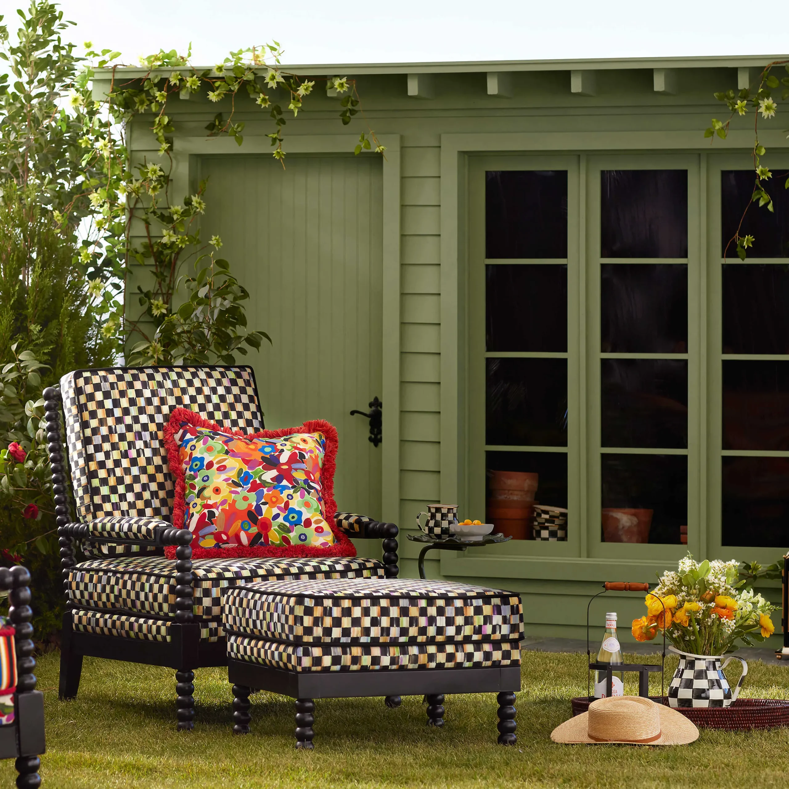 MacKenzie-Childs Spindle Check Outdoor Ottoman| Outdoor|Spring