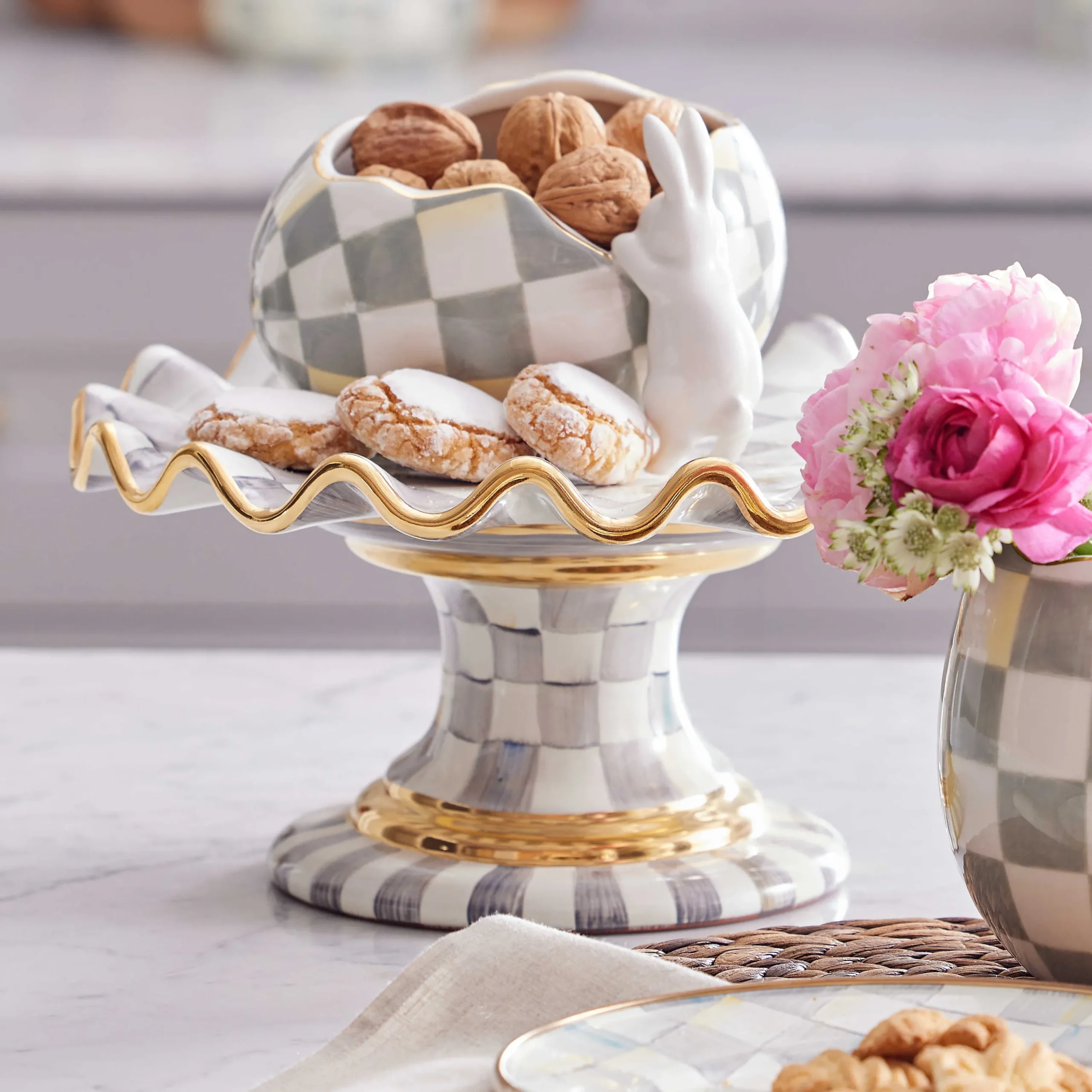 MacKenzie-Childs Sterling Check Ceramic Fluted Cake Stand| Serveware