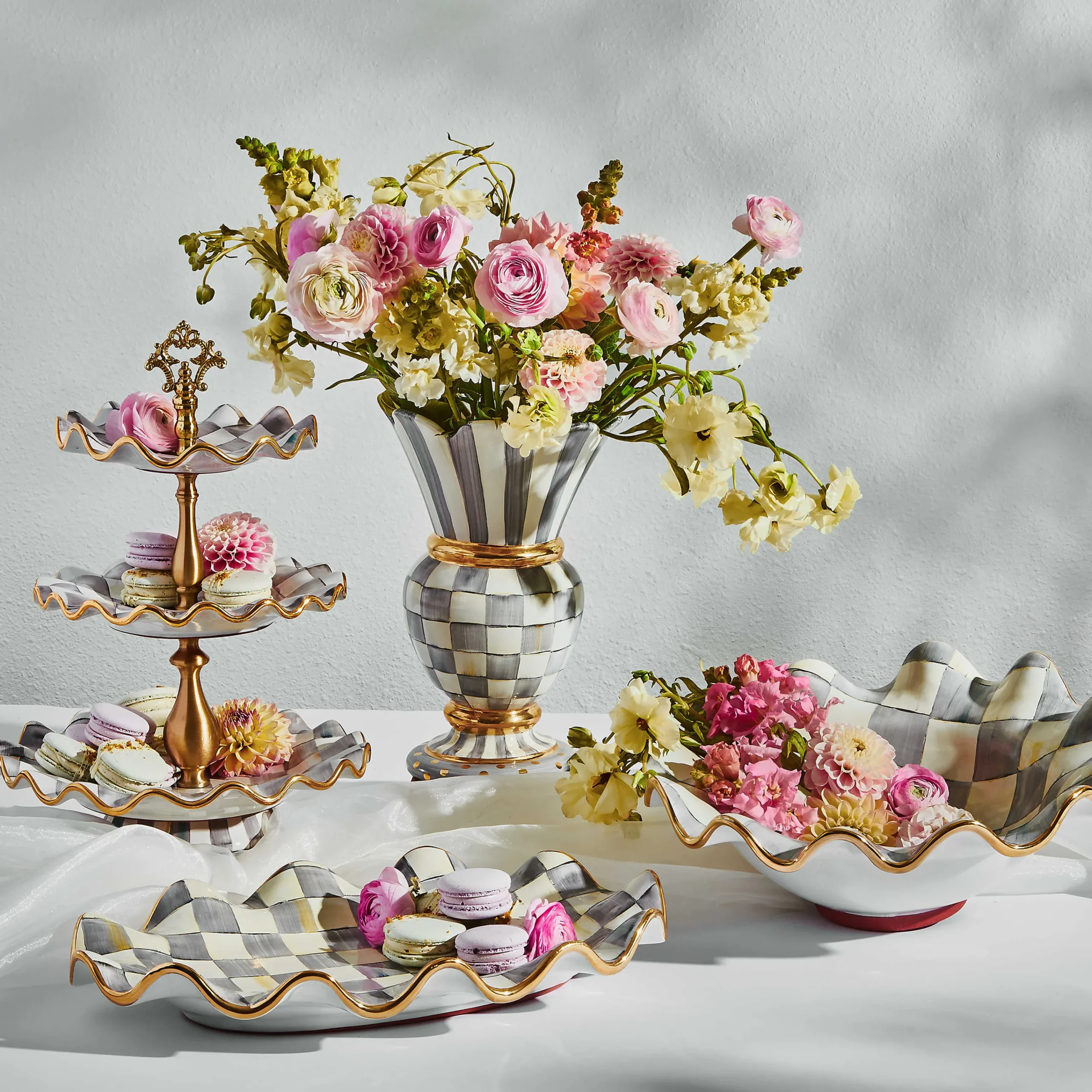 MacKenzie-Childs Sterling Check Ceramic Three Tier Sweet Stand| Bar Entertaining|Serveware
