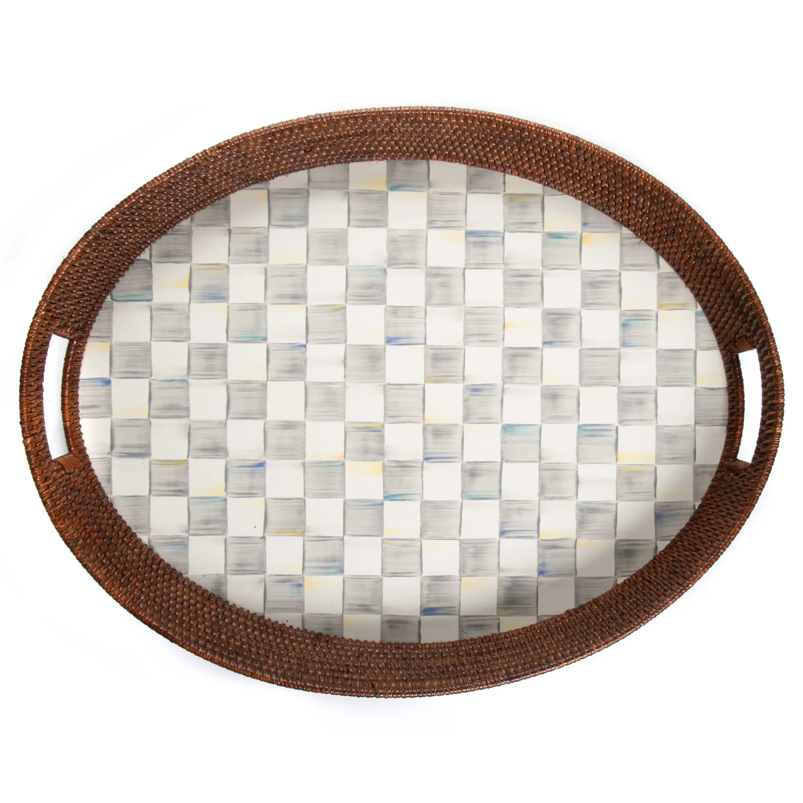 MacKenzie-Childs Sterling Check Rattan Enamel Party Serving Tray| Bar Entertaining|Serveware