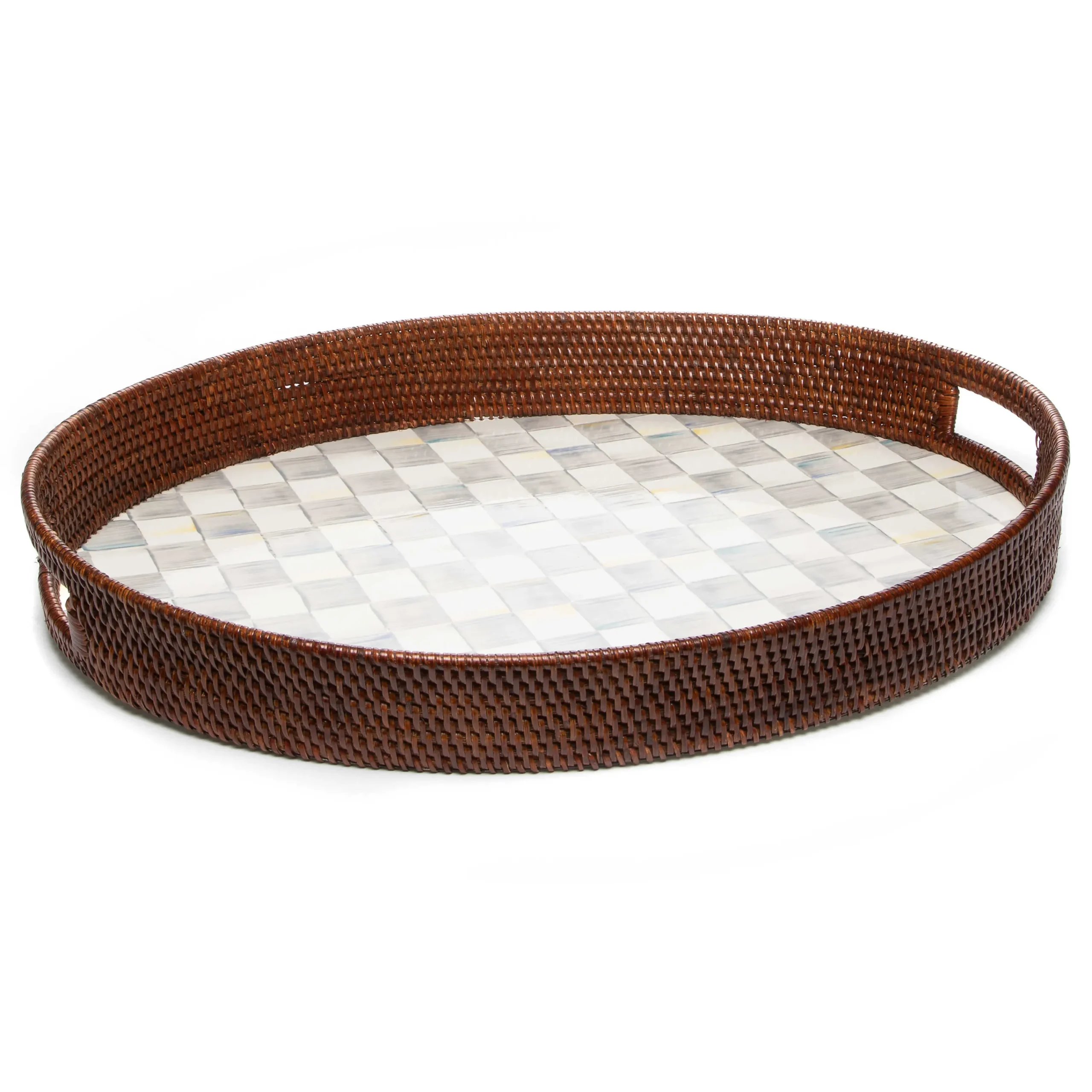 MacKenzie-Childs Sterling Check Rattan Enamel Party Serving Tray| Bar Entertaining|Serveware