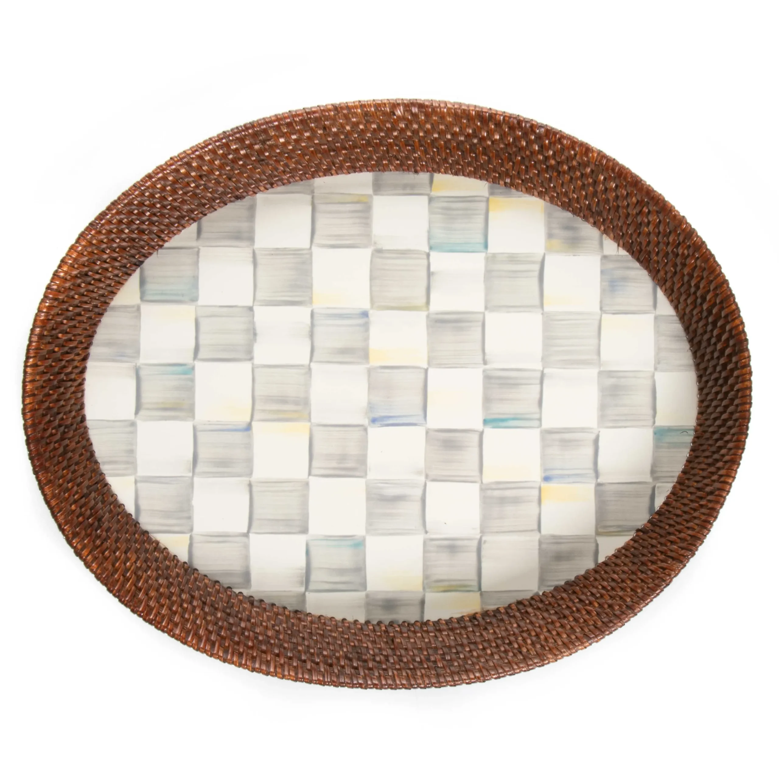 MacKenzie-Childs Sterling Check Rattan Enamel Large Serving Tray| Bar Entertaining|Serveware