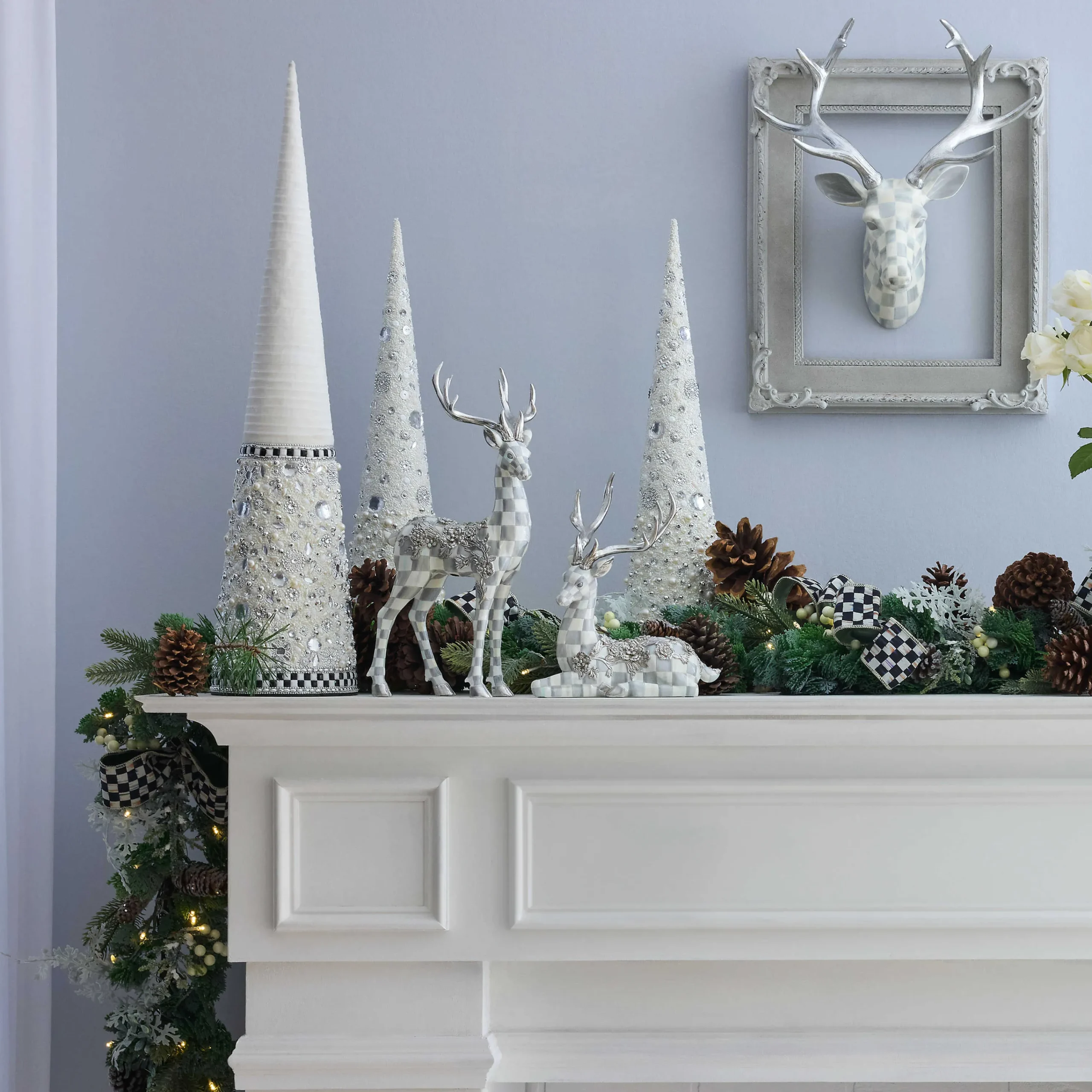 MacKenzie-Childs Sterling Check Resting Silver Garland Deer| Holiday|Room Accents