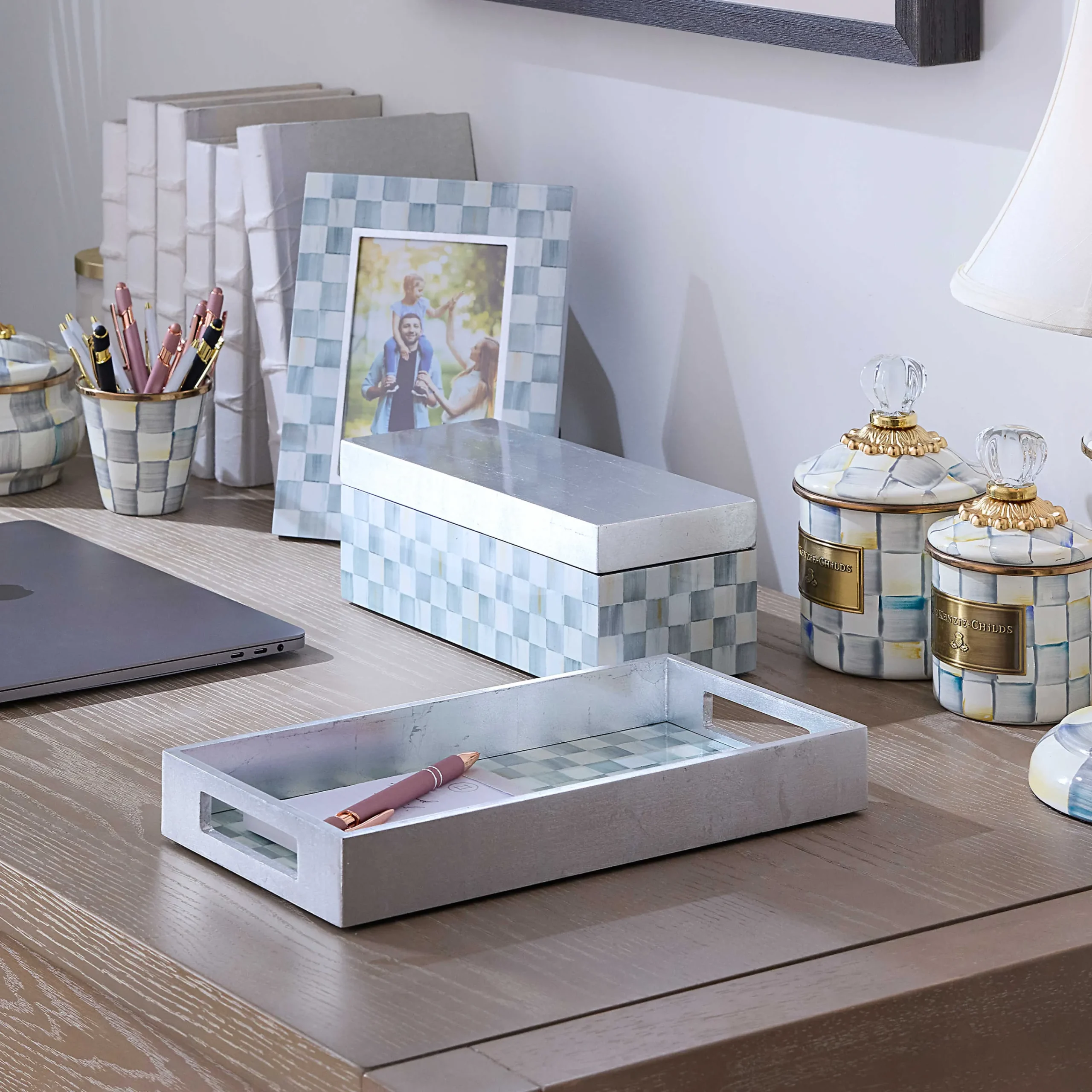 MacKenzie-Childs Sterling Check Small Lacquer Decorative Box with Hinged Lid| Room Accents