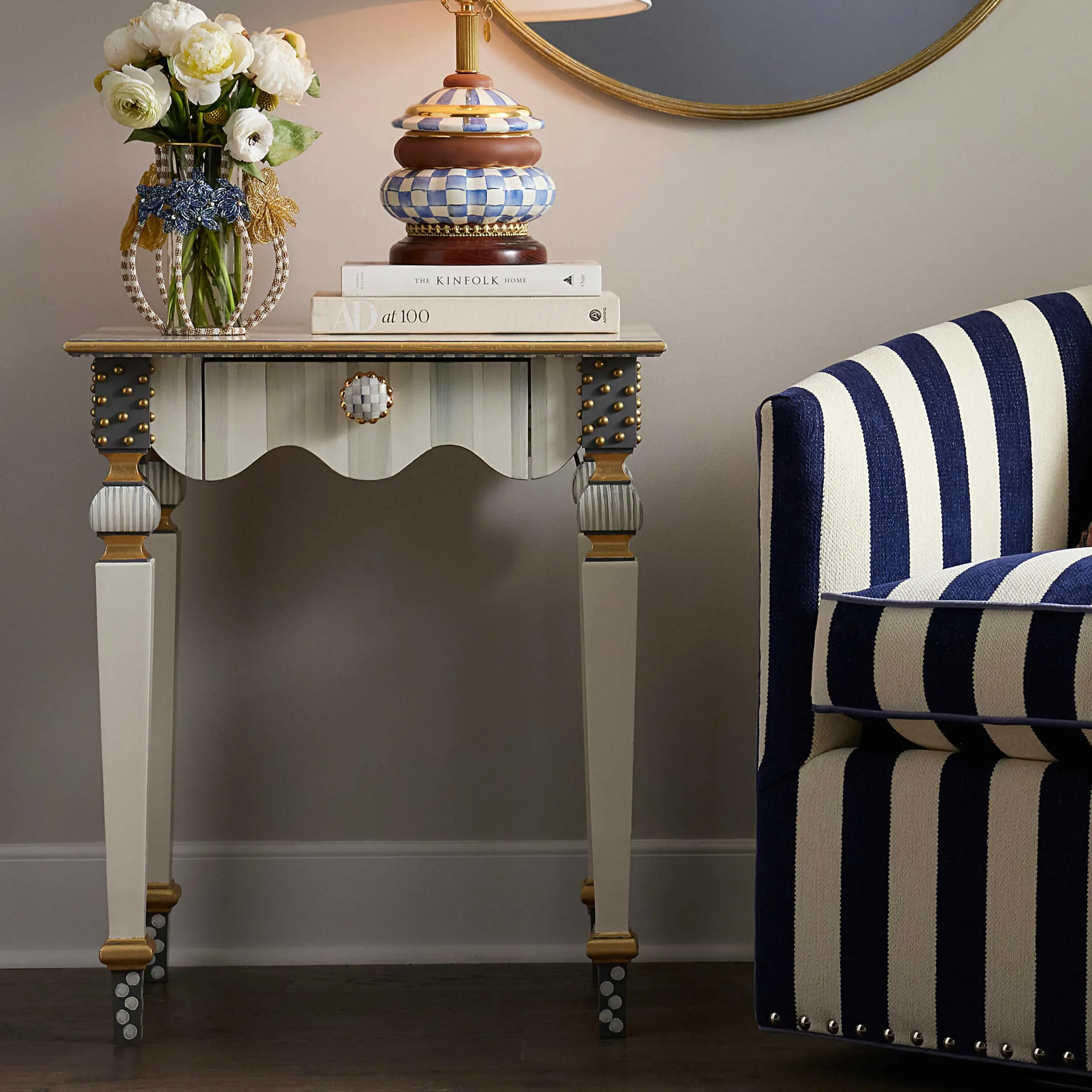MacKenzie-Childs Sterling Check Stripe Side Table| Living Room