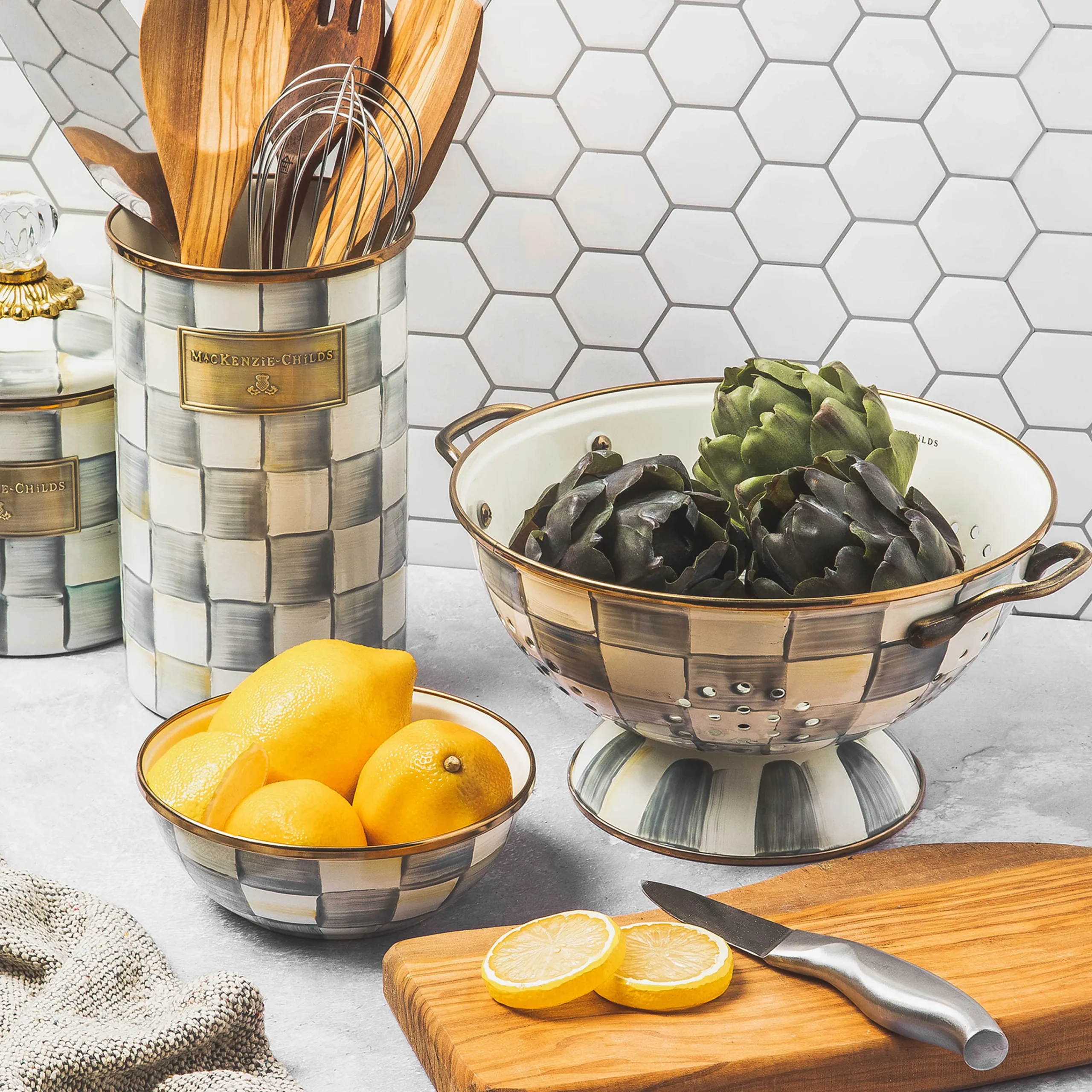 MacKenzie-Childs Sterling Check Utensil Holder| Kitchen Storage & Organization