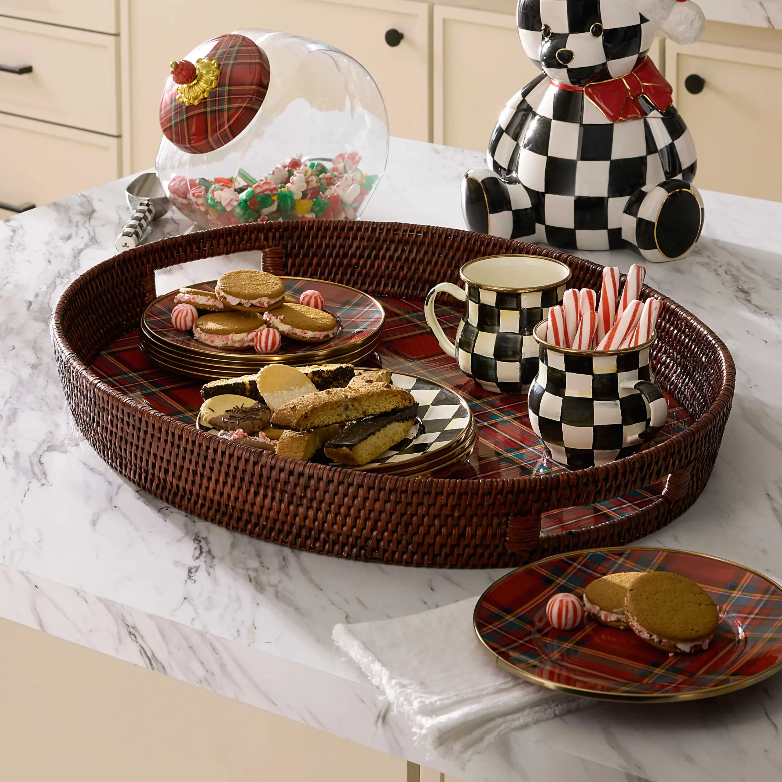 MacKenzie-Childs Tartan Red Rattan Party Serving Tray| Serveware