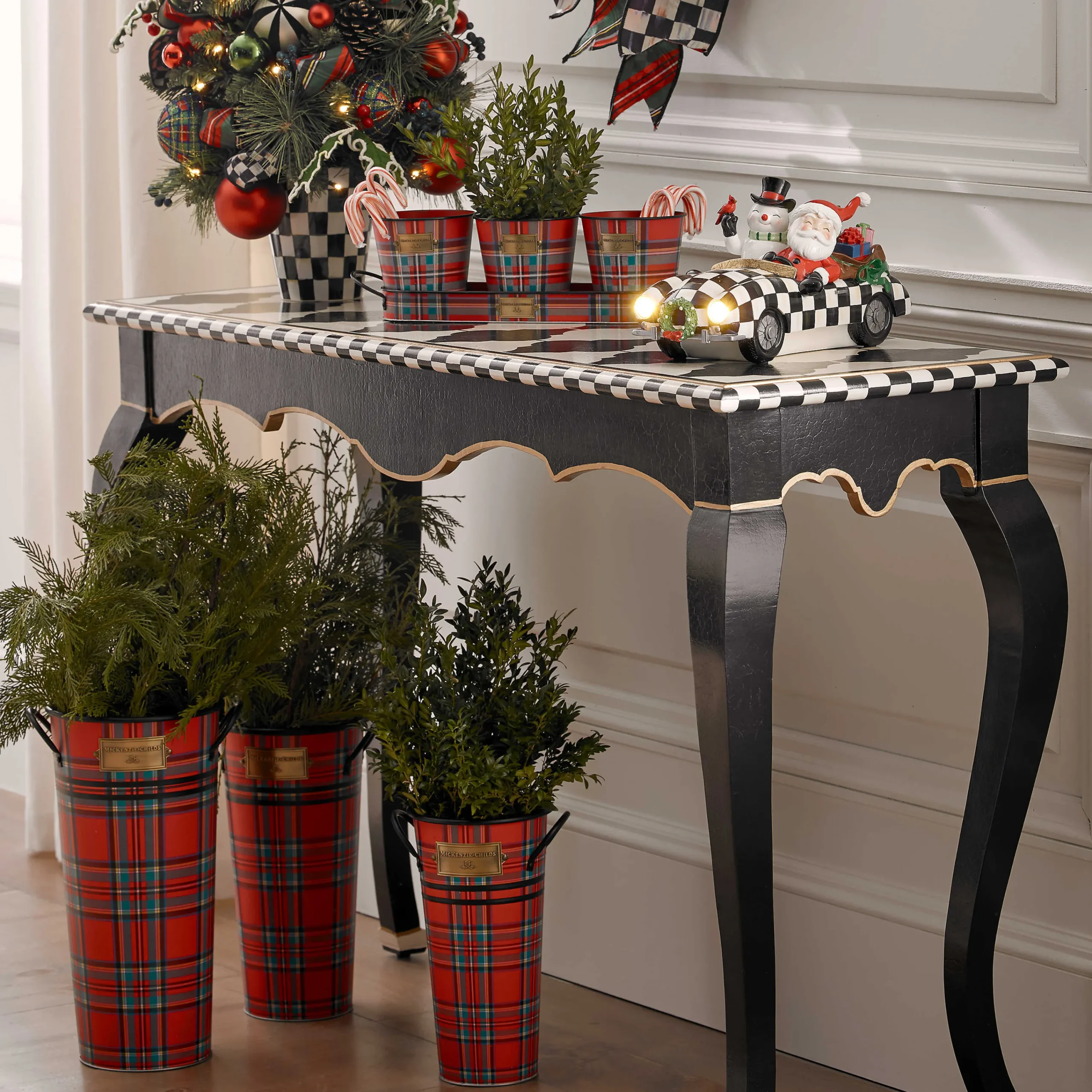 MacKenzie-Childs Tartastic Flower Buckets, Set of 3| Holiday|Greenery & Florals