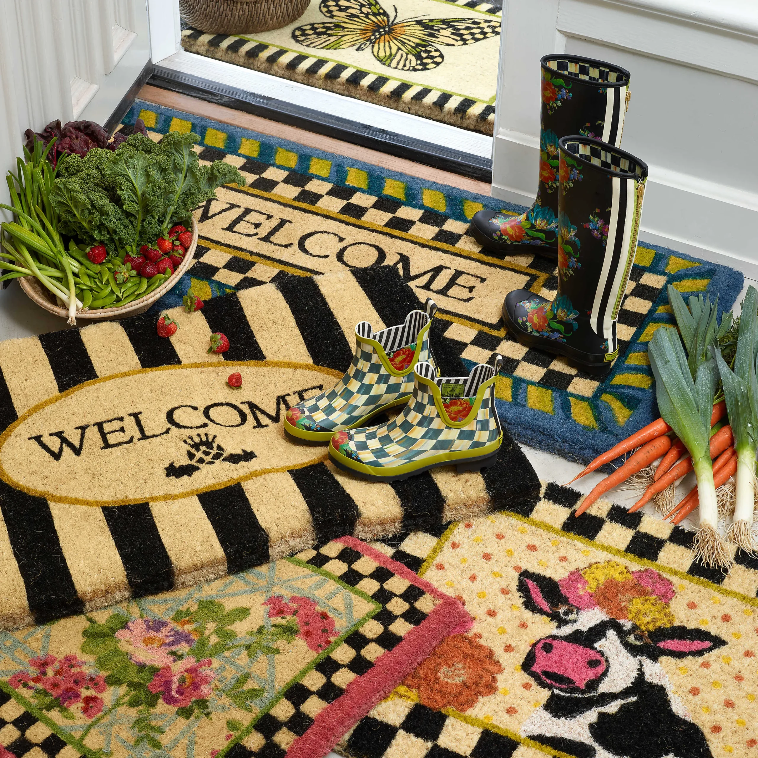 MacKenzie-Childs Welcome Periwinkle Double Door Entrance Mat| Rugs